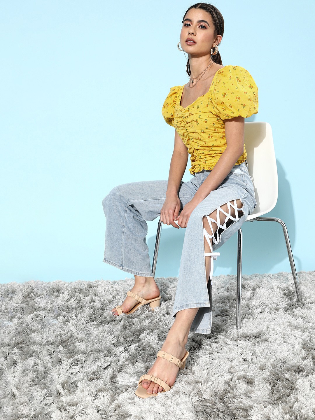

Moda Rapido Women Bright Yellow Floral Volume Play Top