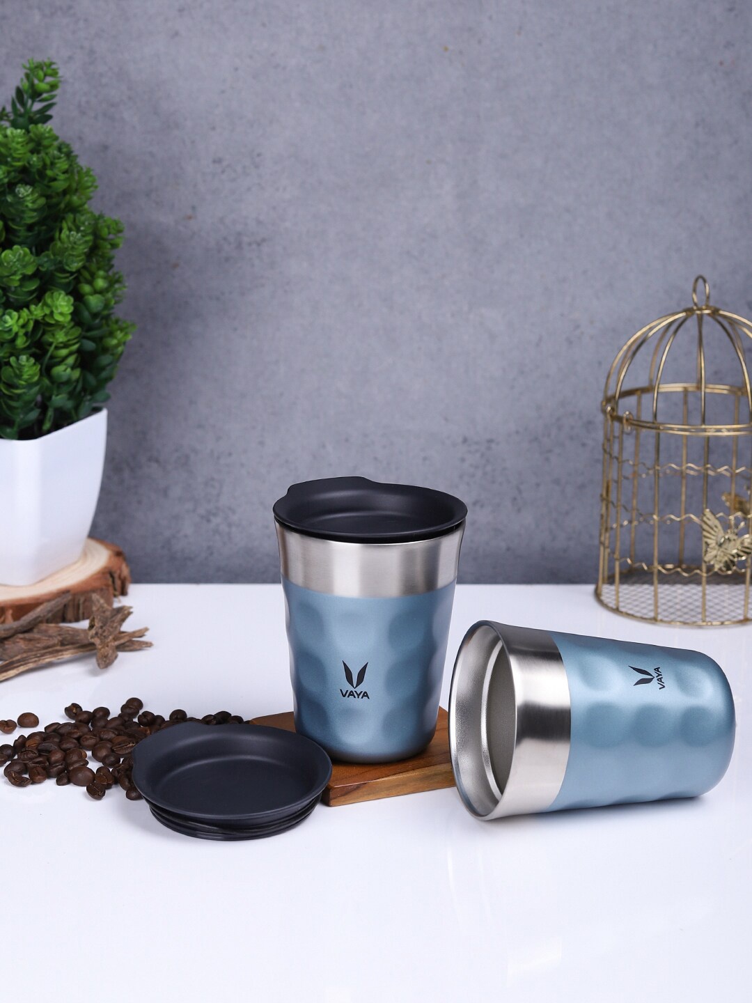 

Vaya Set-2 Blue & Silver-Toned Textured Stainless Steel Matte Cups and Mugs