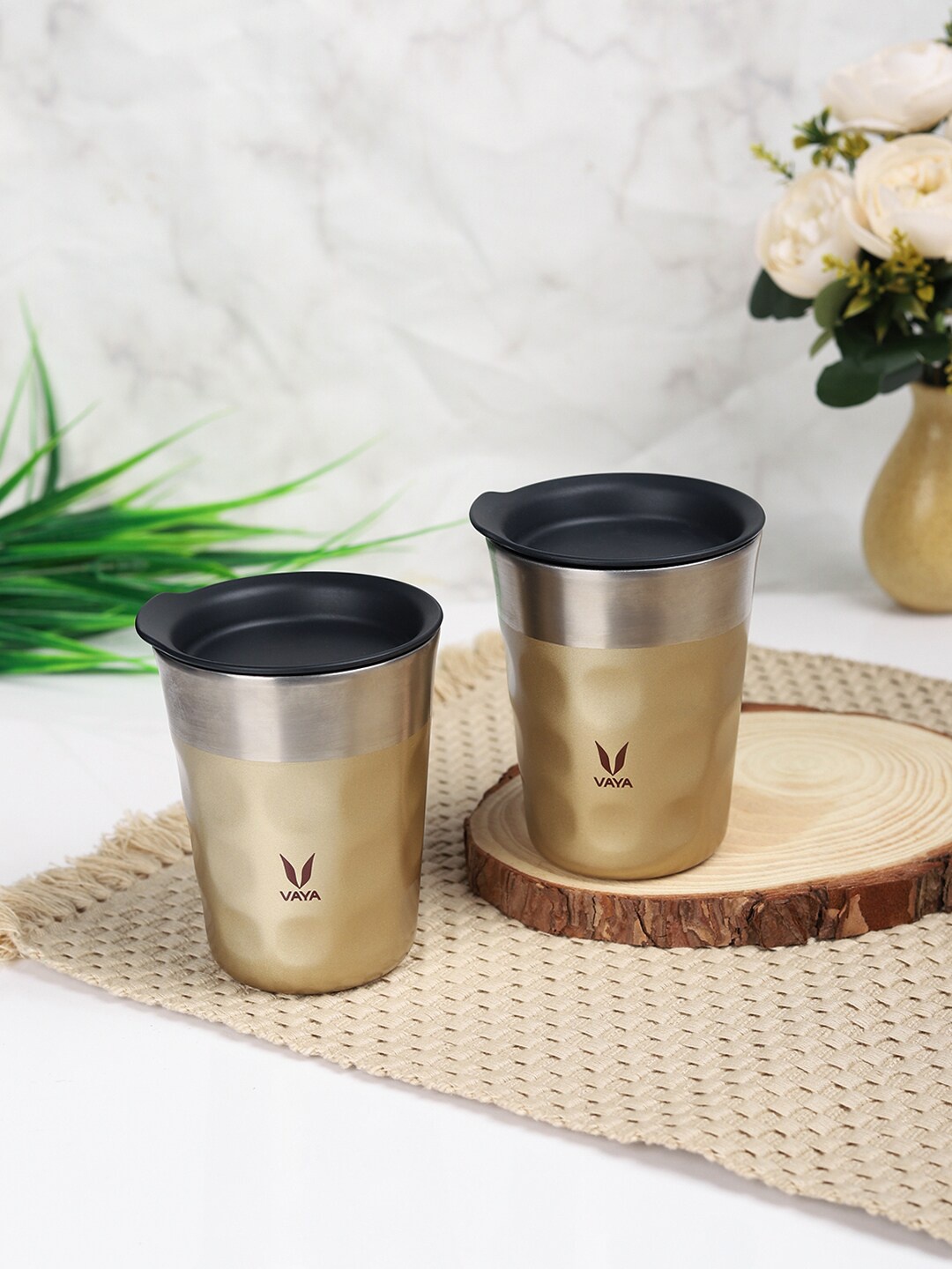 

Vaya Gold-Toned & Silver-Toned Textured Stainless Steel Matte Cups Set of Cups and Mugs