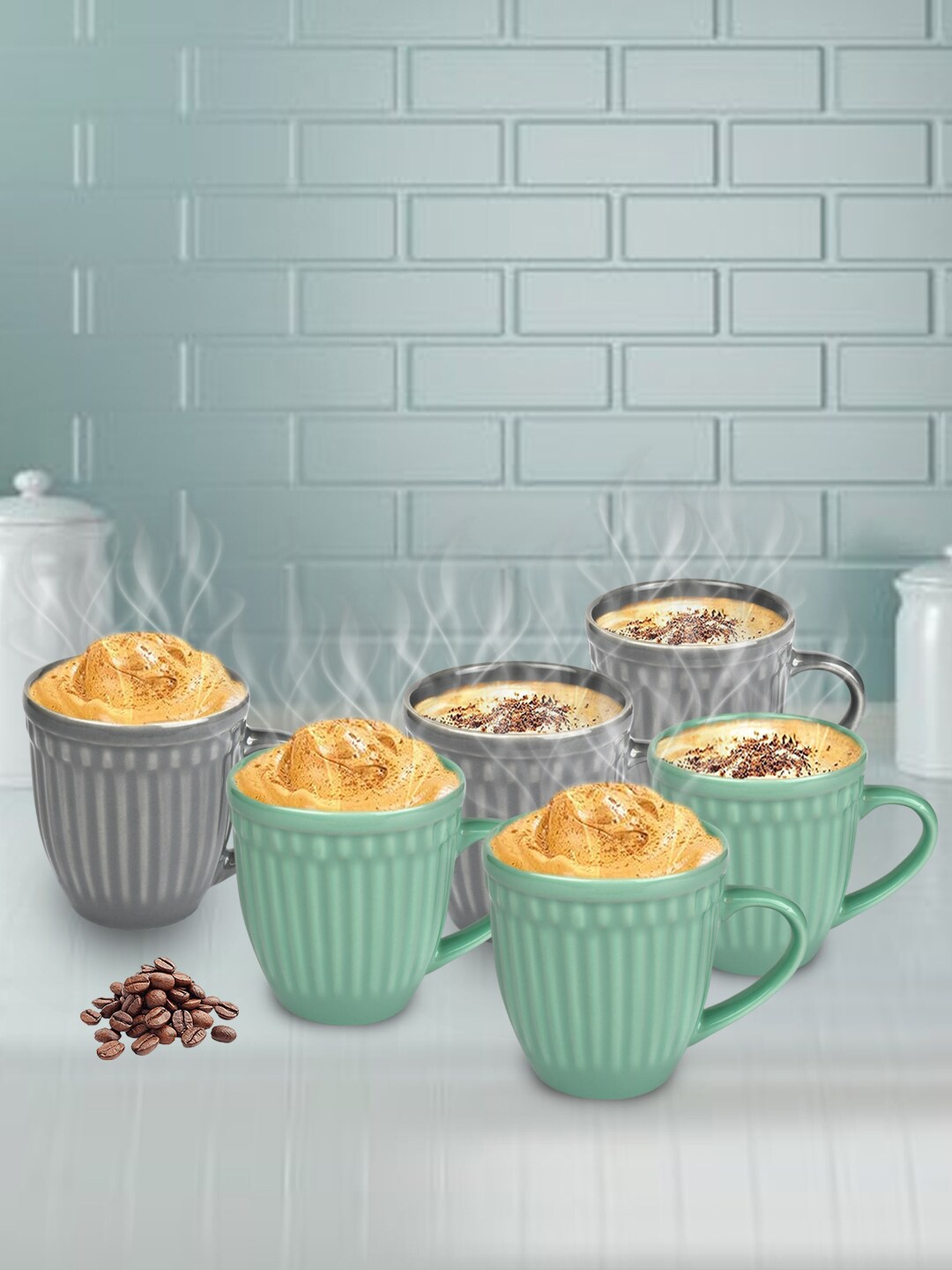 

URBAN CHEF Set of 6 Grey & Green Textured Ceramic Matte Mugs