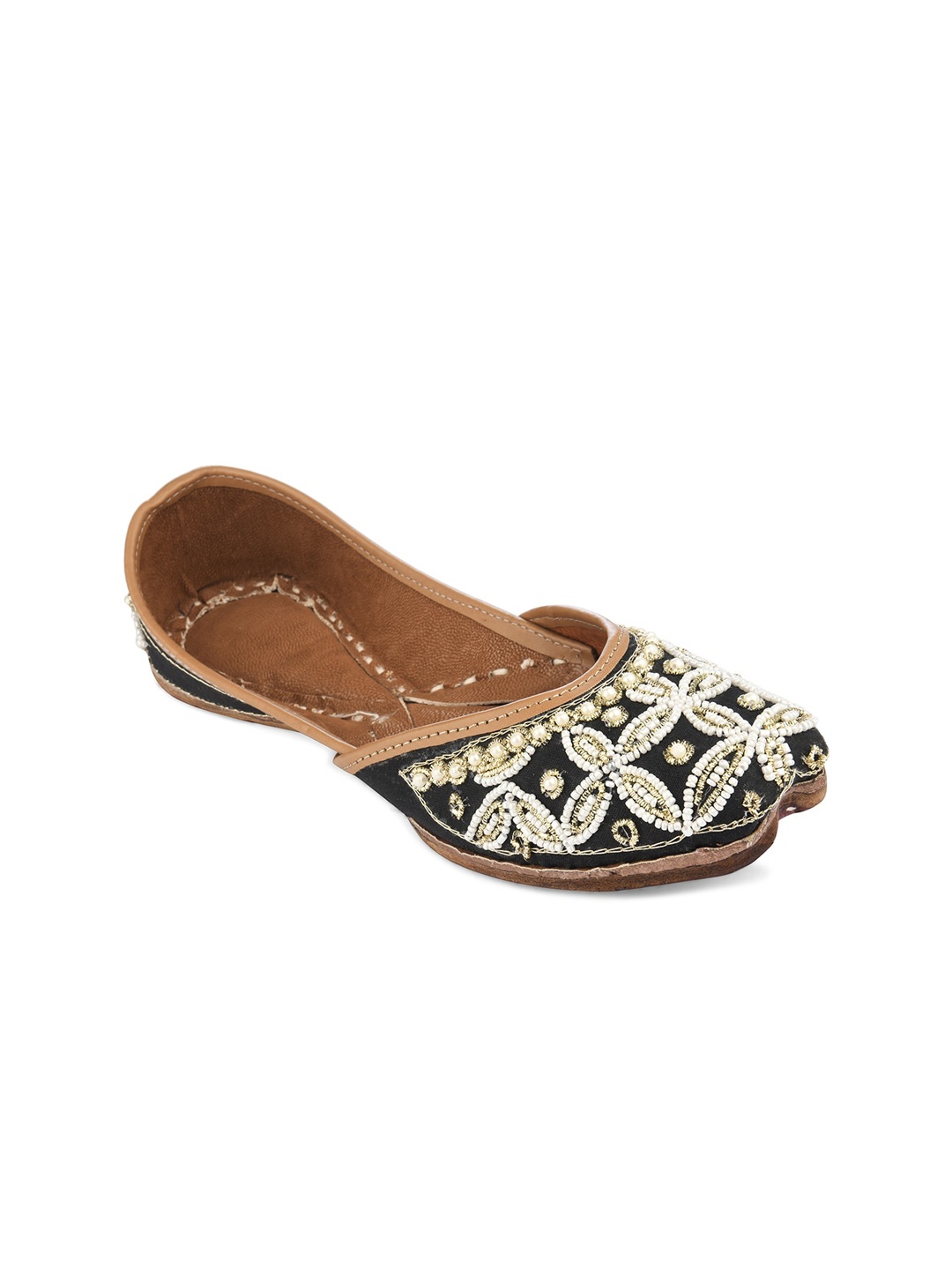 

DESI COLOUR Women Black Embellished Genuine Leather Party Collection Ethnic Mojaris Flats