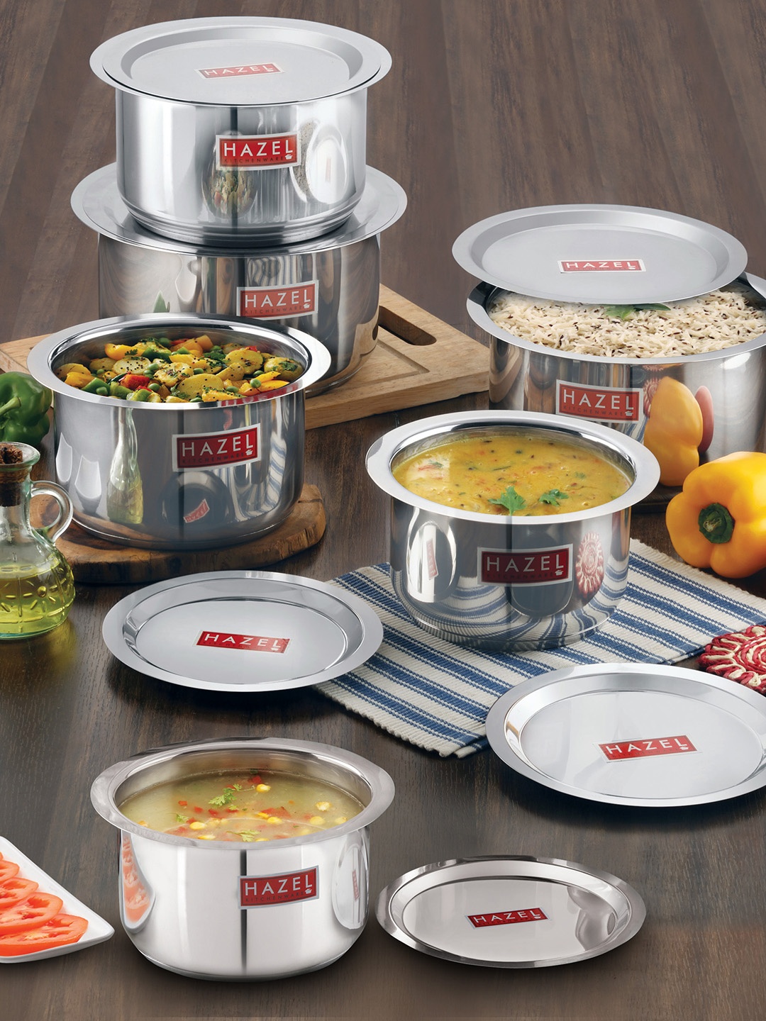 

HAZEL Set Of 6 Silver-Toned Solid Induction Tope With Lids