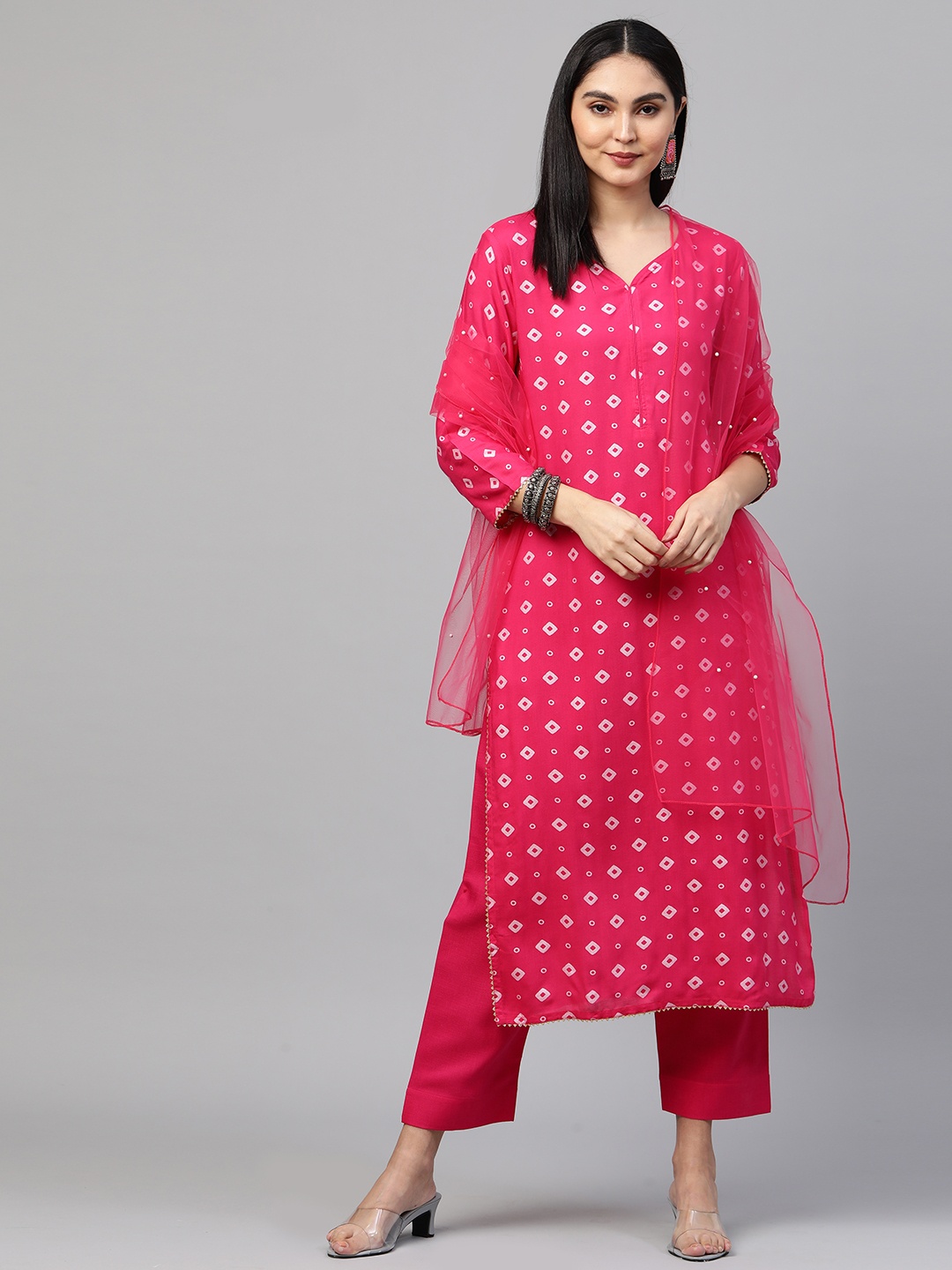 

GoSriKi Women Pink Yoke Design Regular Pure Cotton Kurti with Trousers