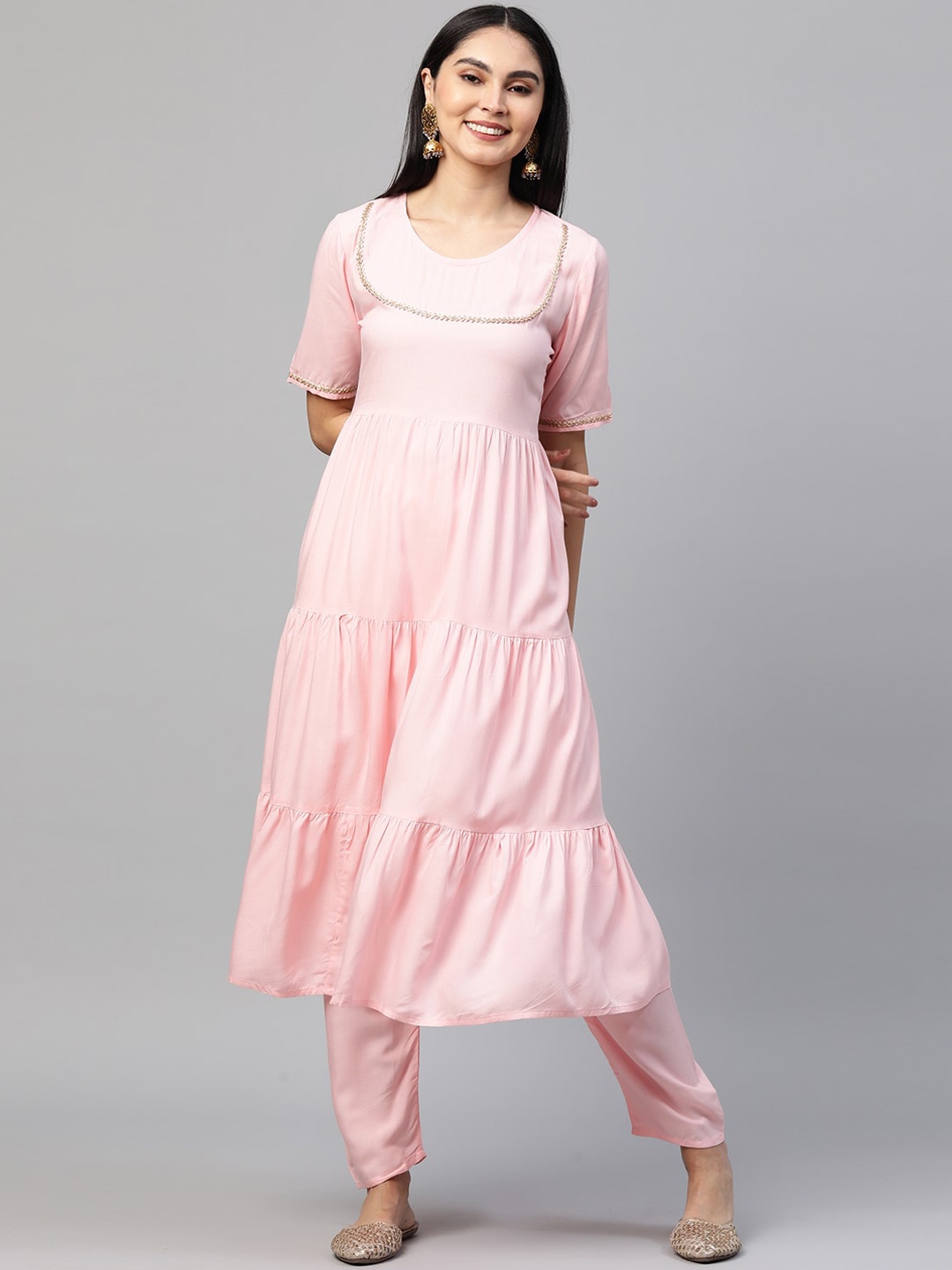 

KALINI Women Pink Yoke Design Tiered Pure Cotton Kurti with Trousers