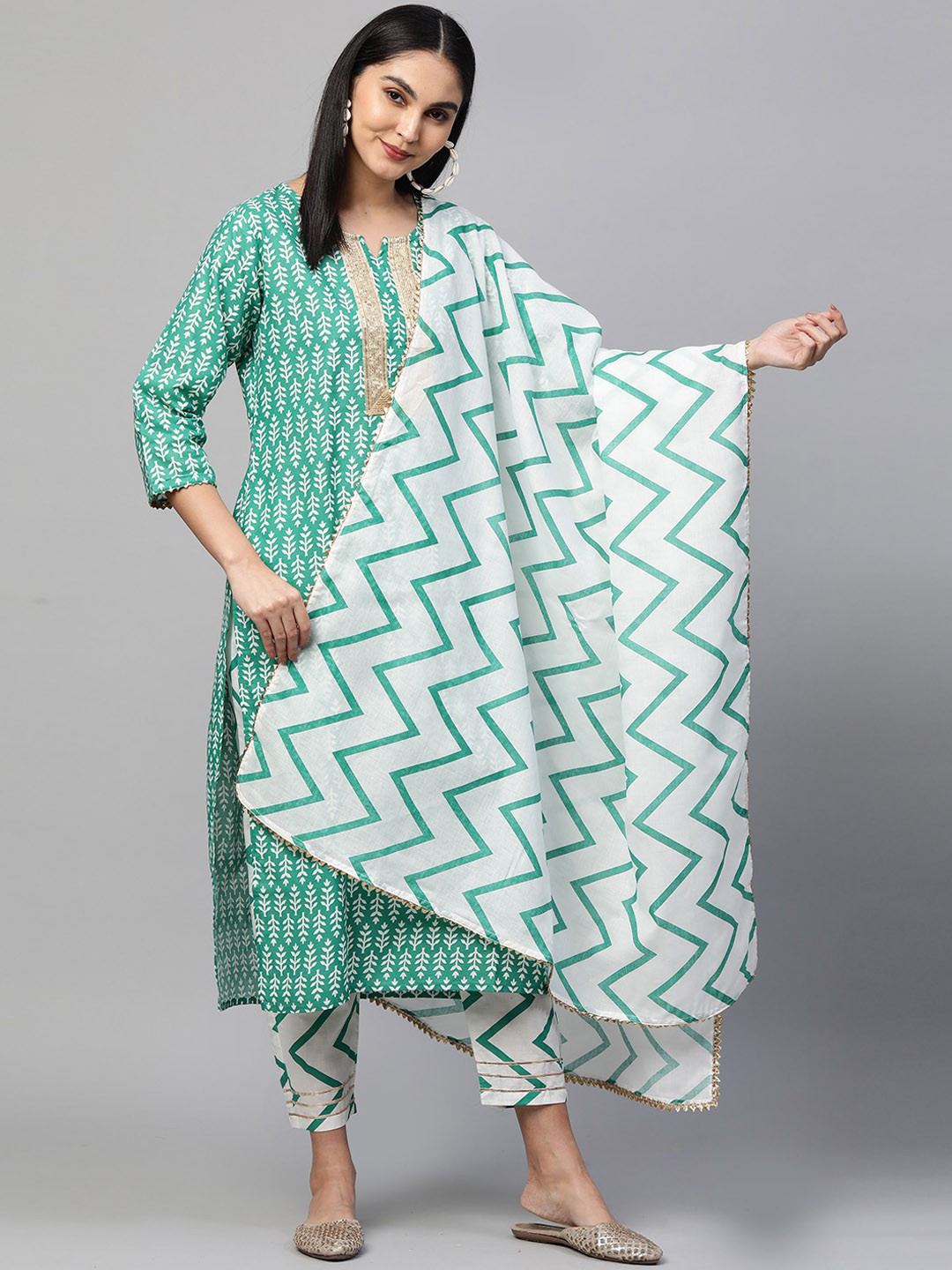 

GoSriKi Women Blue Ethnic Motifs Printed Layered Pure Cotton Kurta with Trousers & With Dupatta