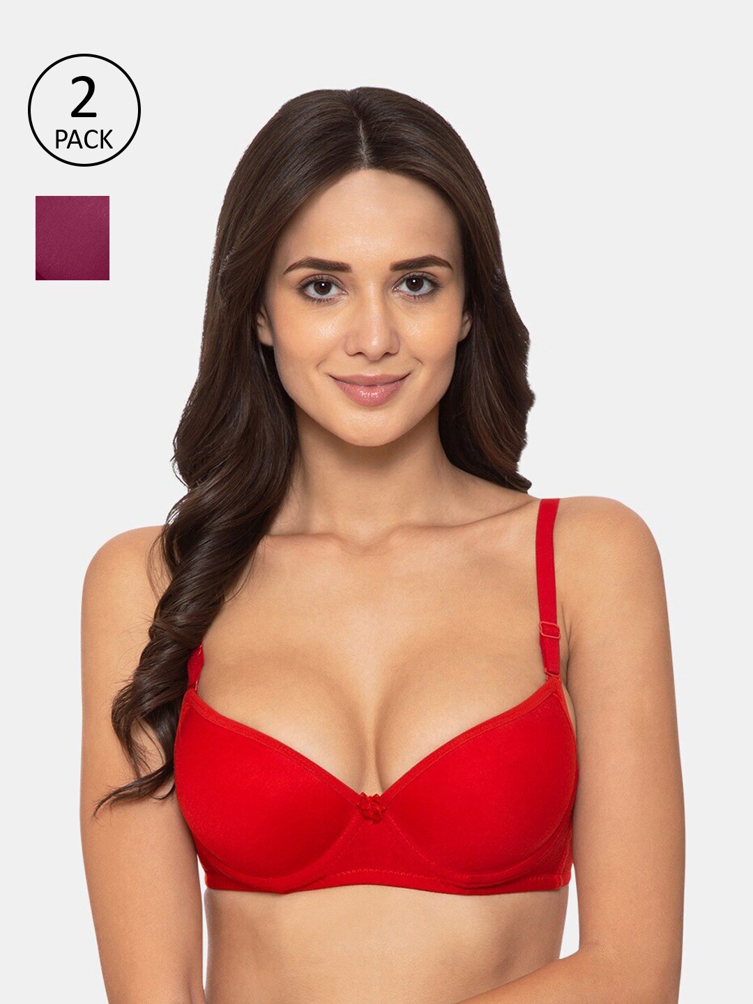 

KOMLI Women Pack Of 2 Solid Unwired Push-Up Bra, Red