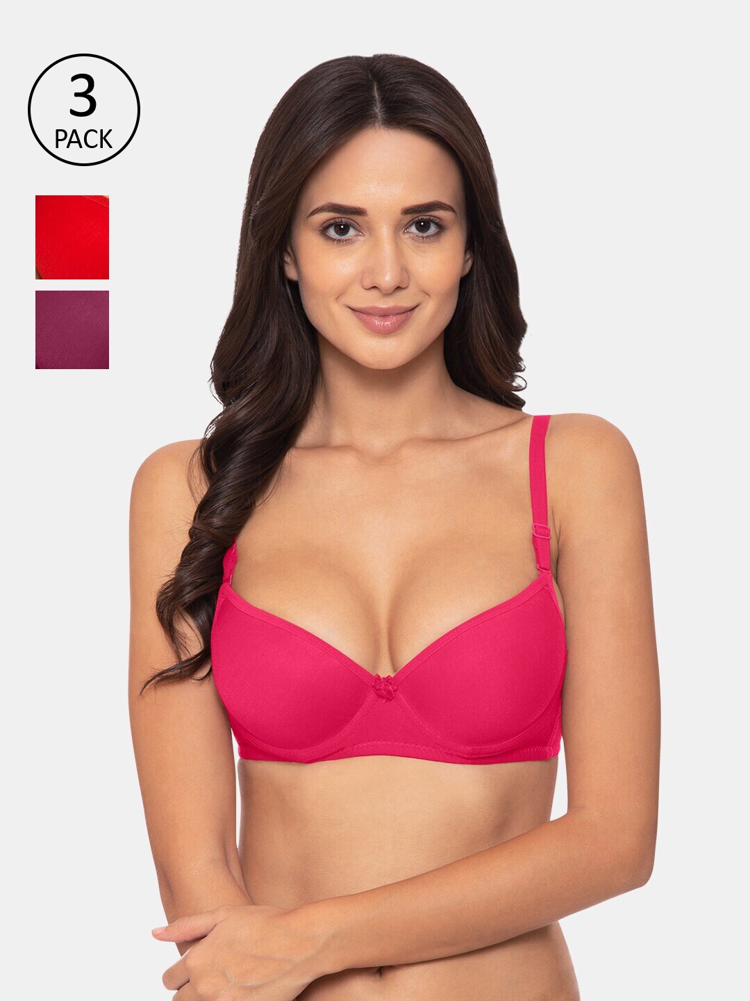 

KOMLI Set-3 Pink & Red Push-Up Bra Underwired Heavily Padded