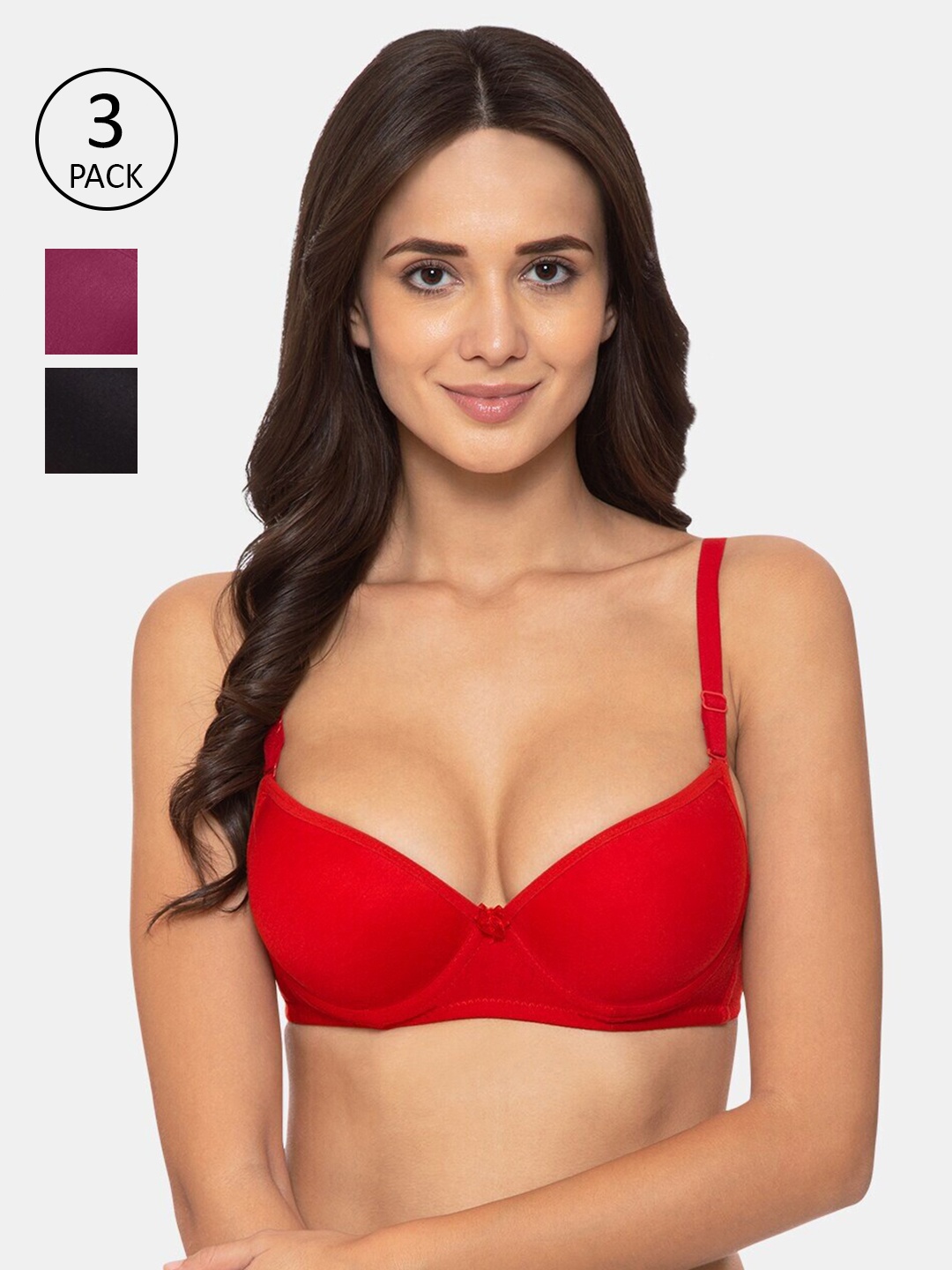 

KOMLI Pack of 3 Push-Up Bra - Underwired Heavily Padded, Red