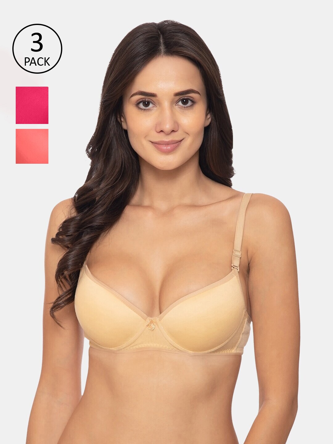 

KOMLI Pack of 3 Beige & Fuchsia Underwired Heavily Padded Push-Up Bra