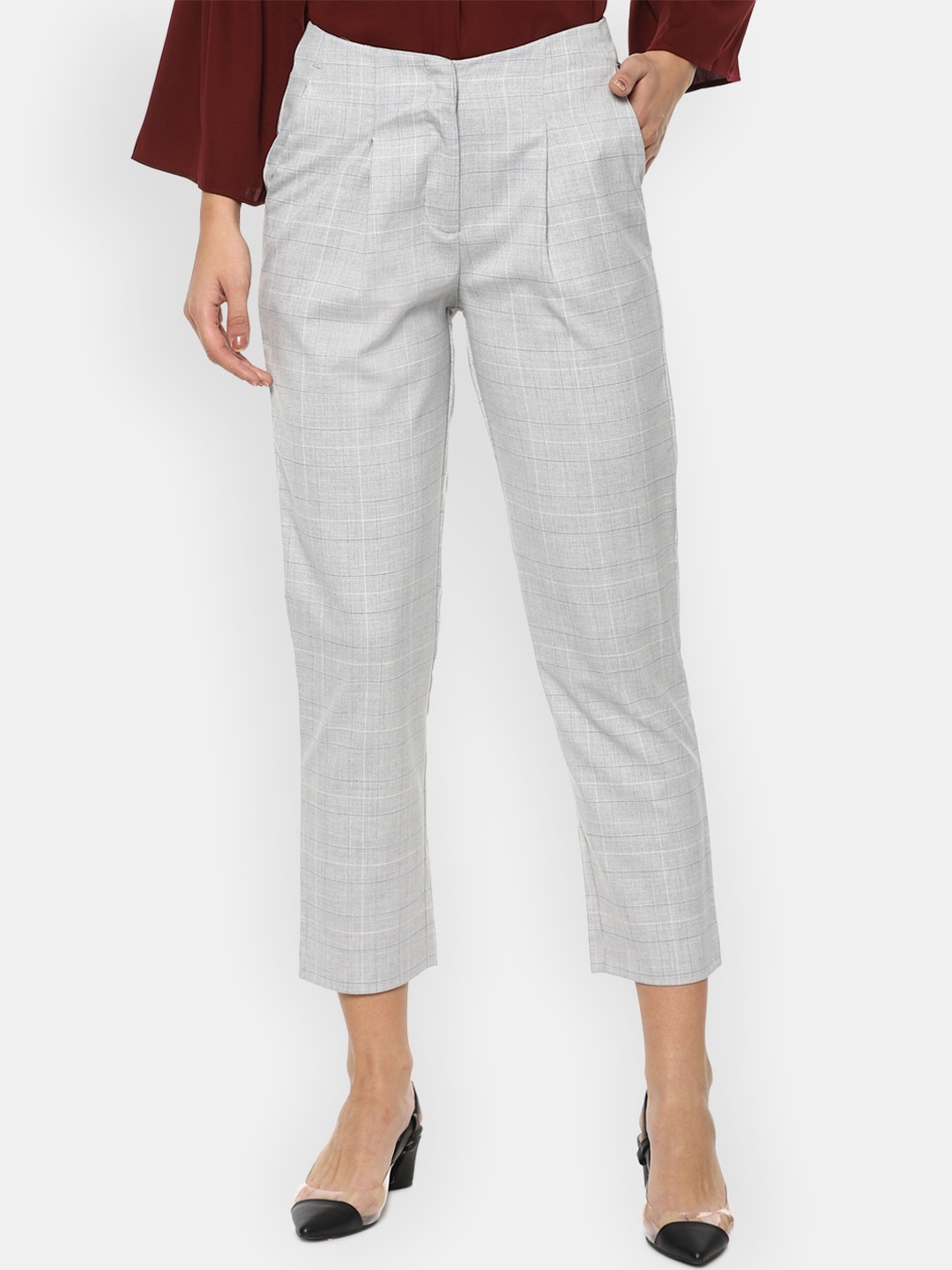 

Allen Solly Woman Women Grey Checked Pleated Peg Trousers