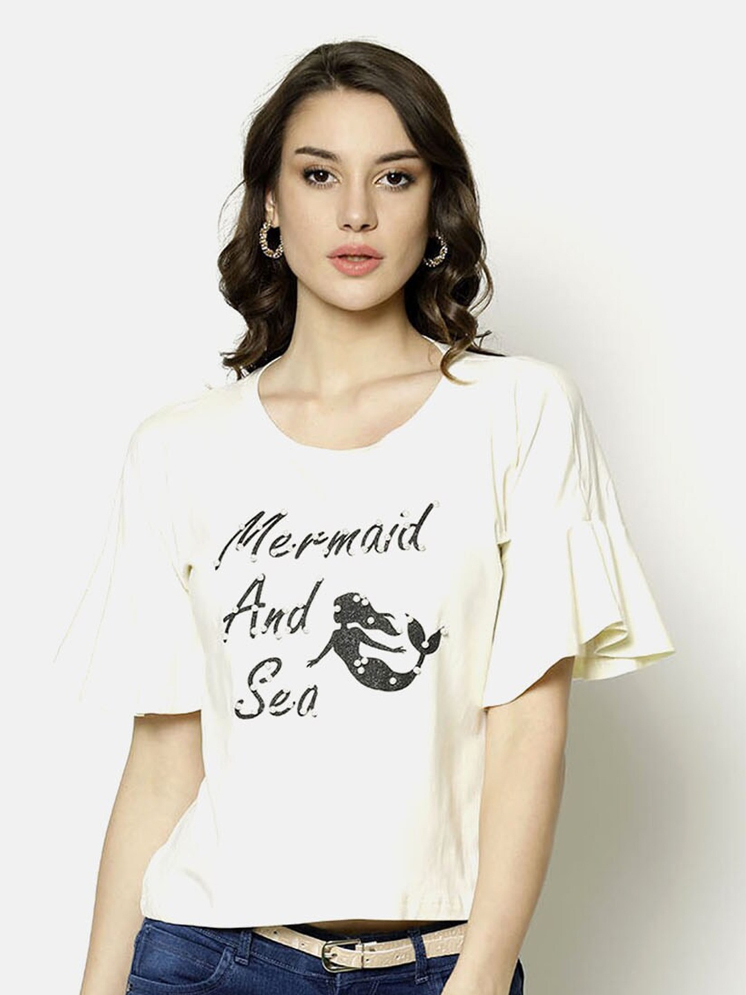 

V2 Value & Variety Cream-Coloured Typography Printed & Embellished Regular Crop Top