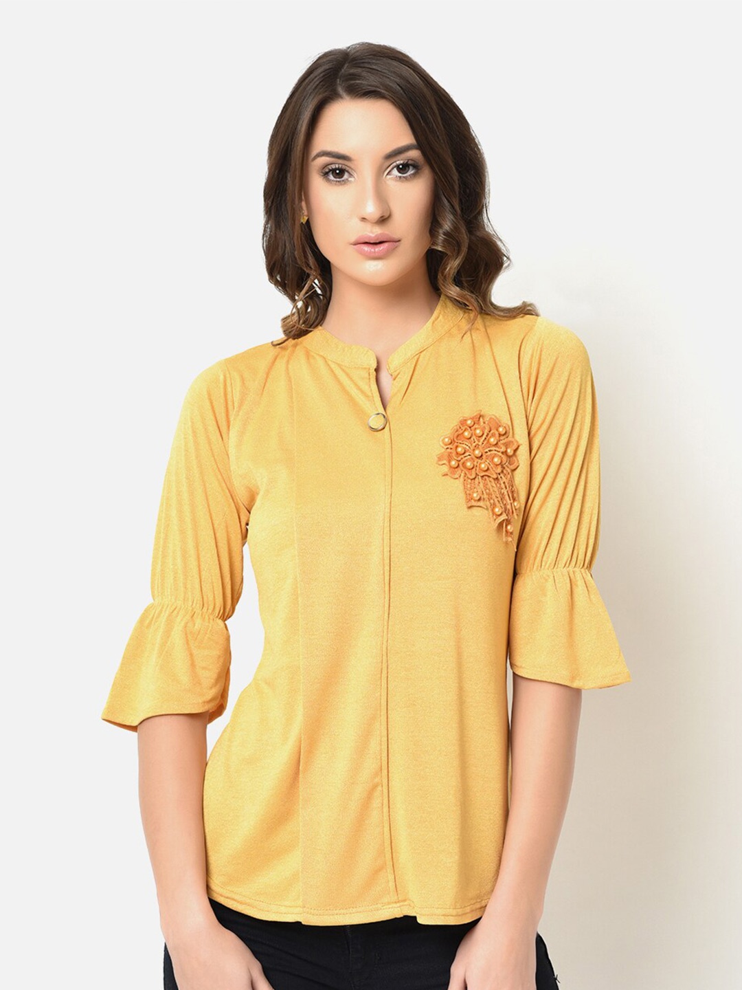 

V2 Value & Variety Mustard Yellow Mandarin Collar Embellished Shirt Style Top