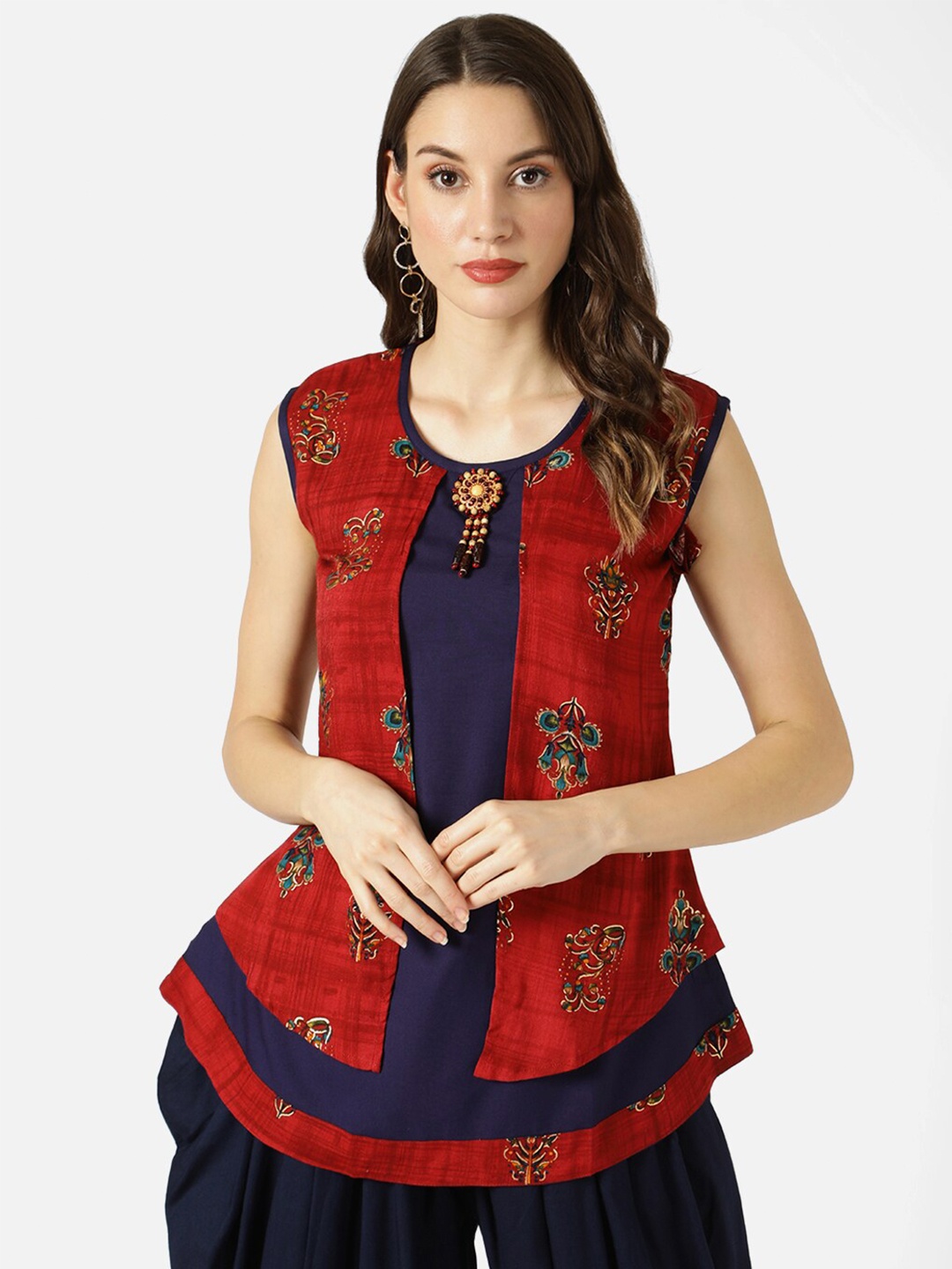 

V2 Value & Variety Red & Blue Tie-Up Neck Layered Regular Top