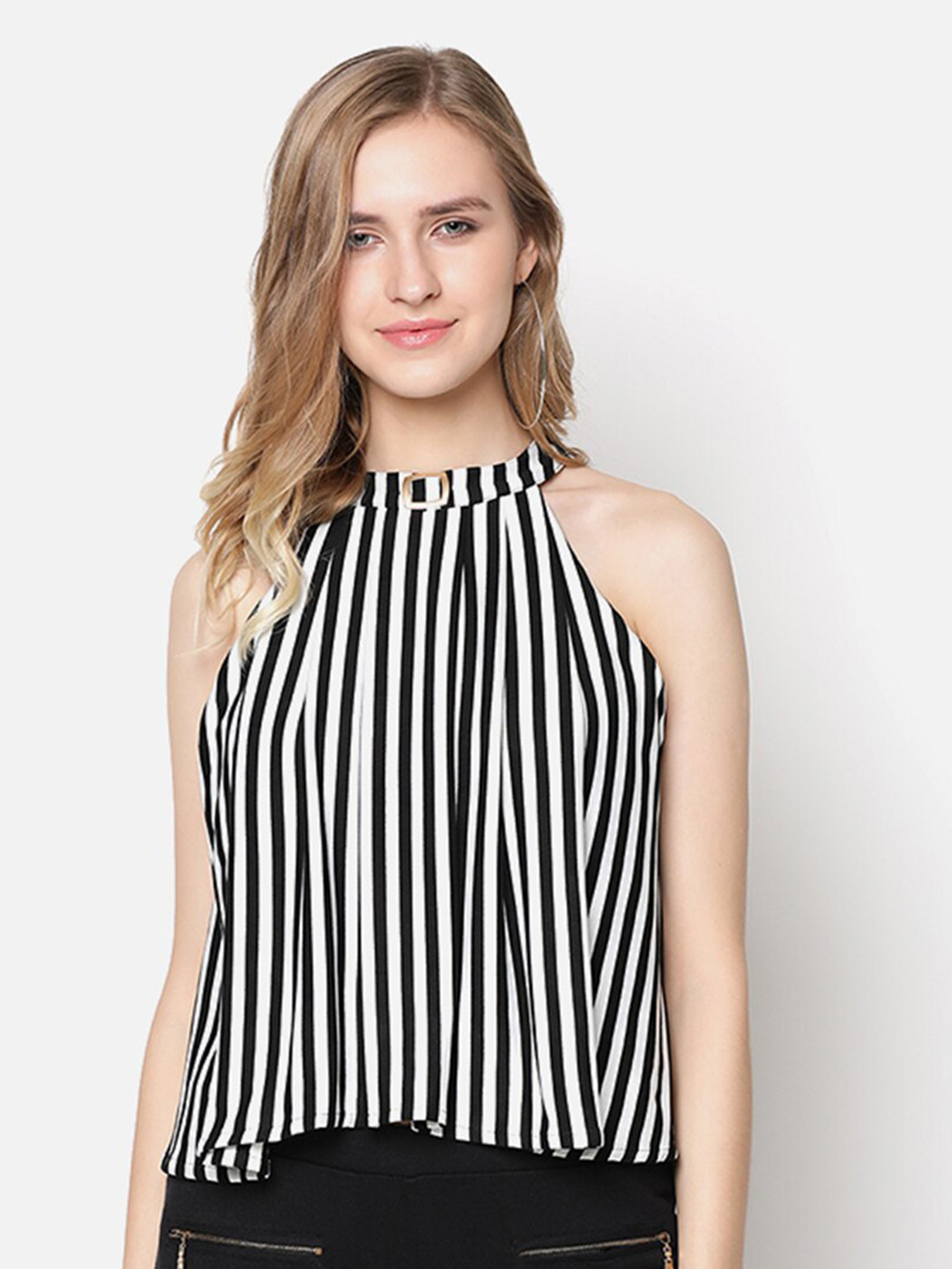 

V2 Value & Variety Navy Blue & White Striped Halter Neck Regular Top
