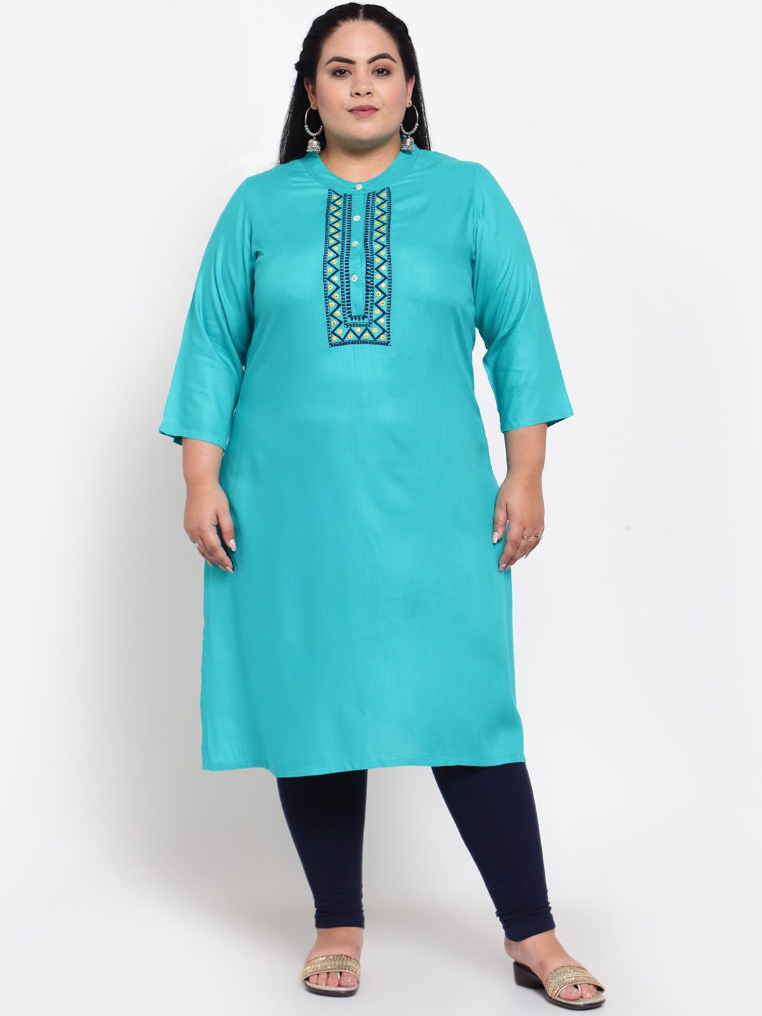 

plusS Women Turquoise Blue Yoke Embroidered Straight Kurta