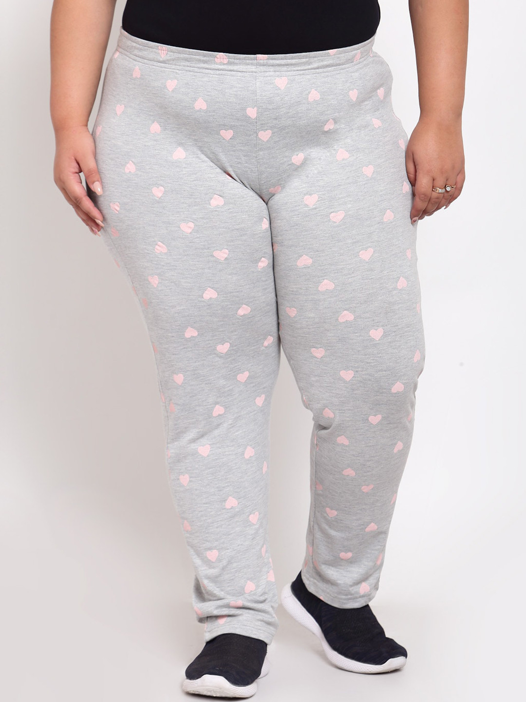

plusS Women Grey & Pink Heart Printed Straight-Fit Cotton Track Pants