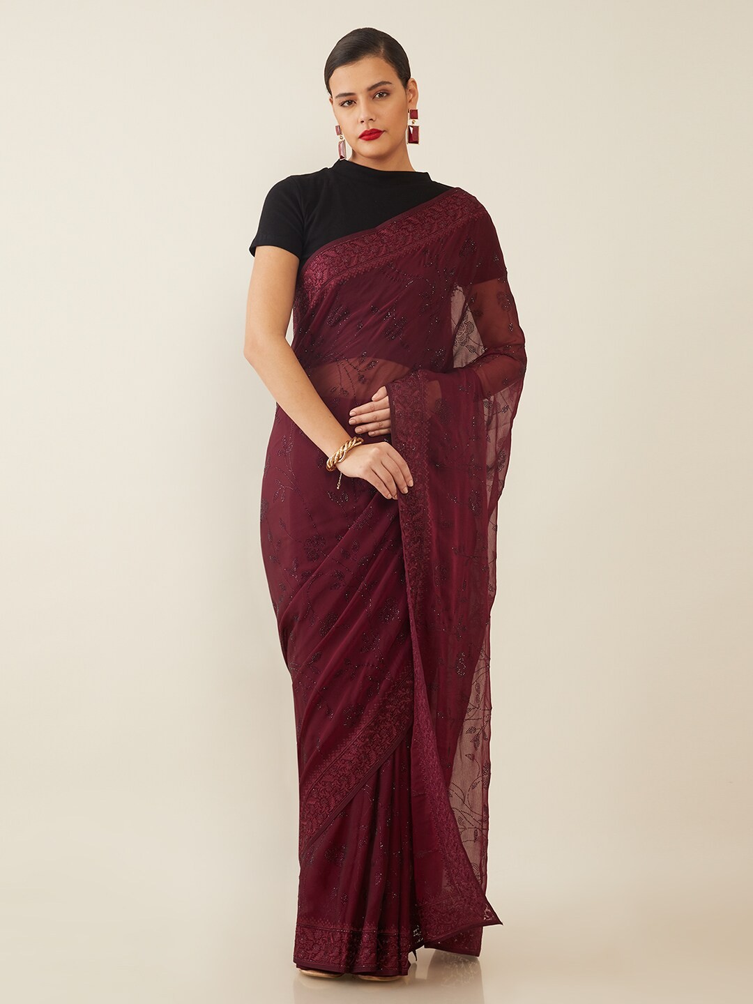 

Soch Purple Floral Embroidered Chiffon Saree