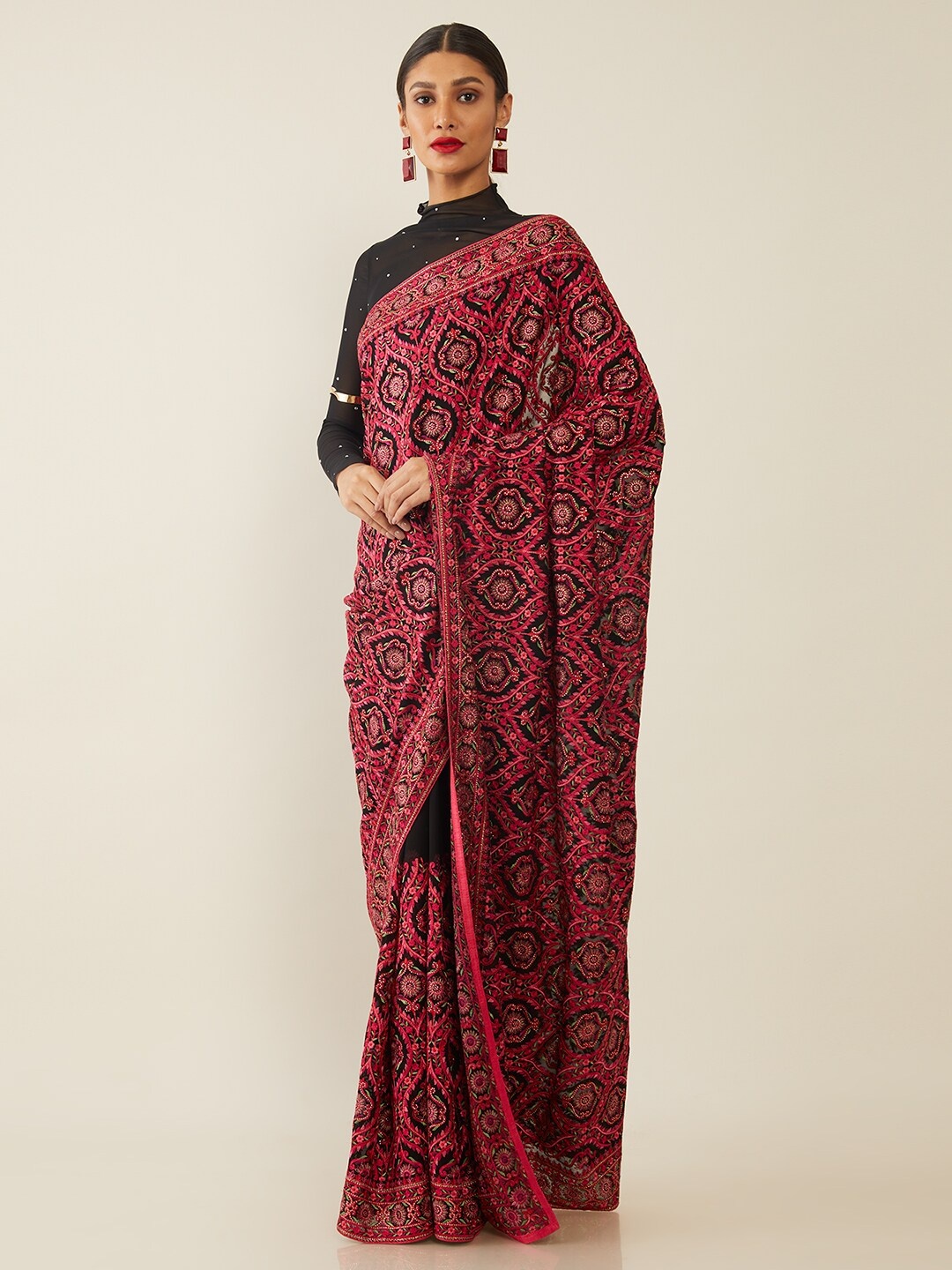 

Soch Black & Pink Ethnic Motifs Embroidered Saree