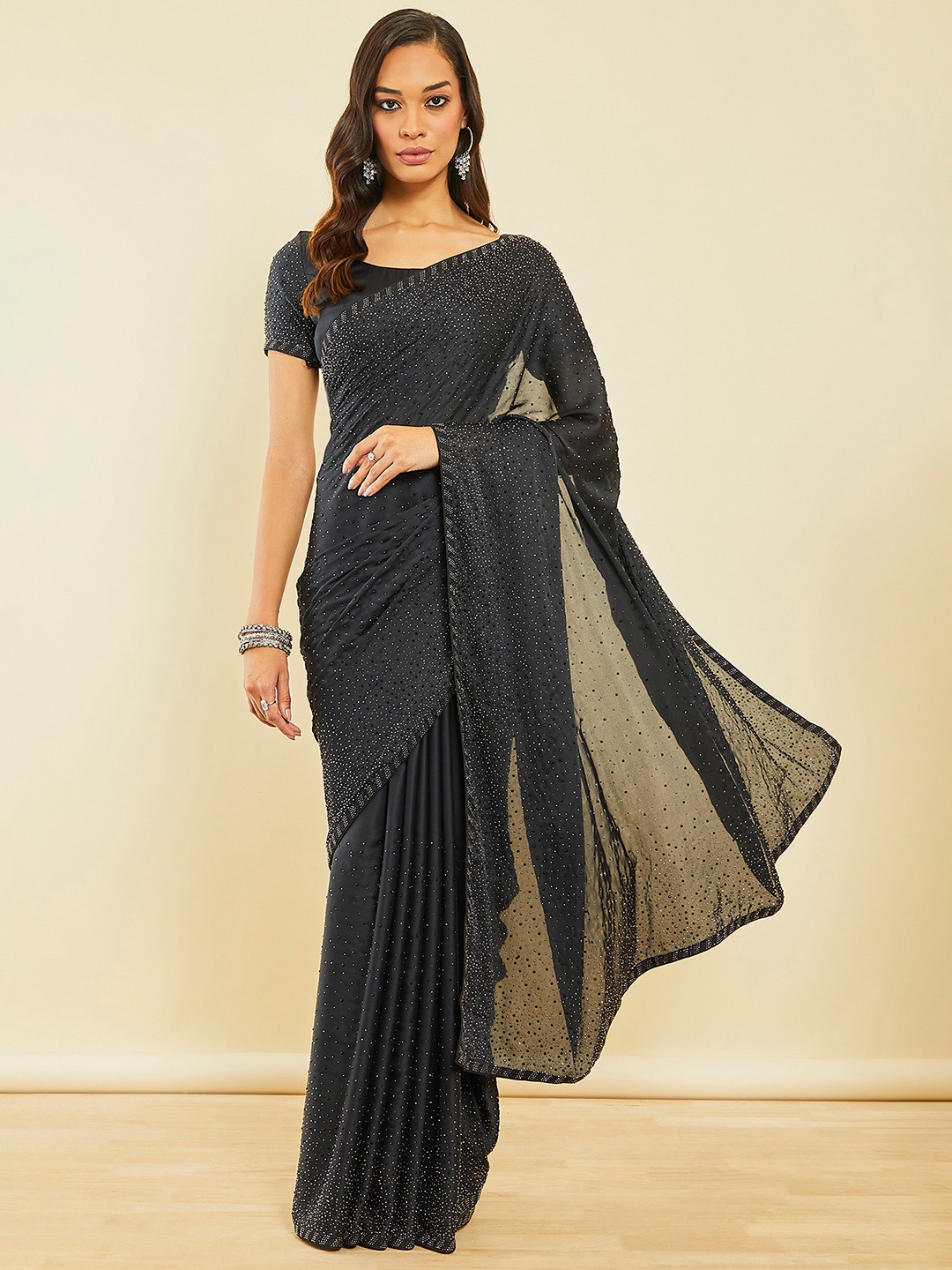 

Soch Grey & Gold-Toned Embellished Beads and Stones Satin Fusion Saree