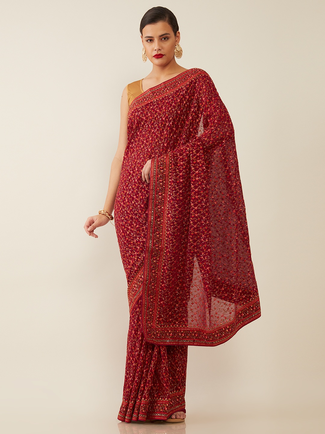 

Soch Red & Yellow Floral Embroidered Saree