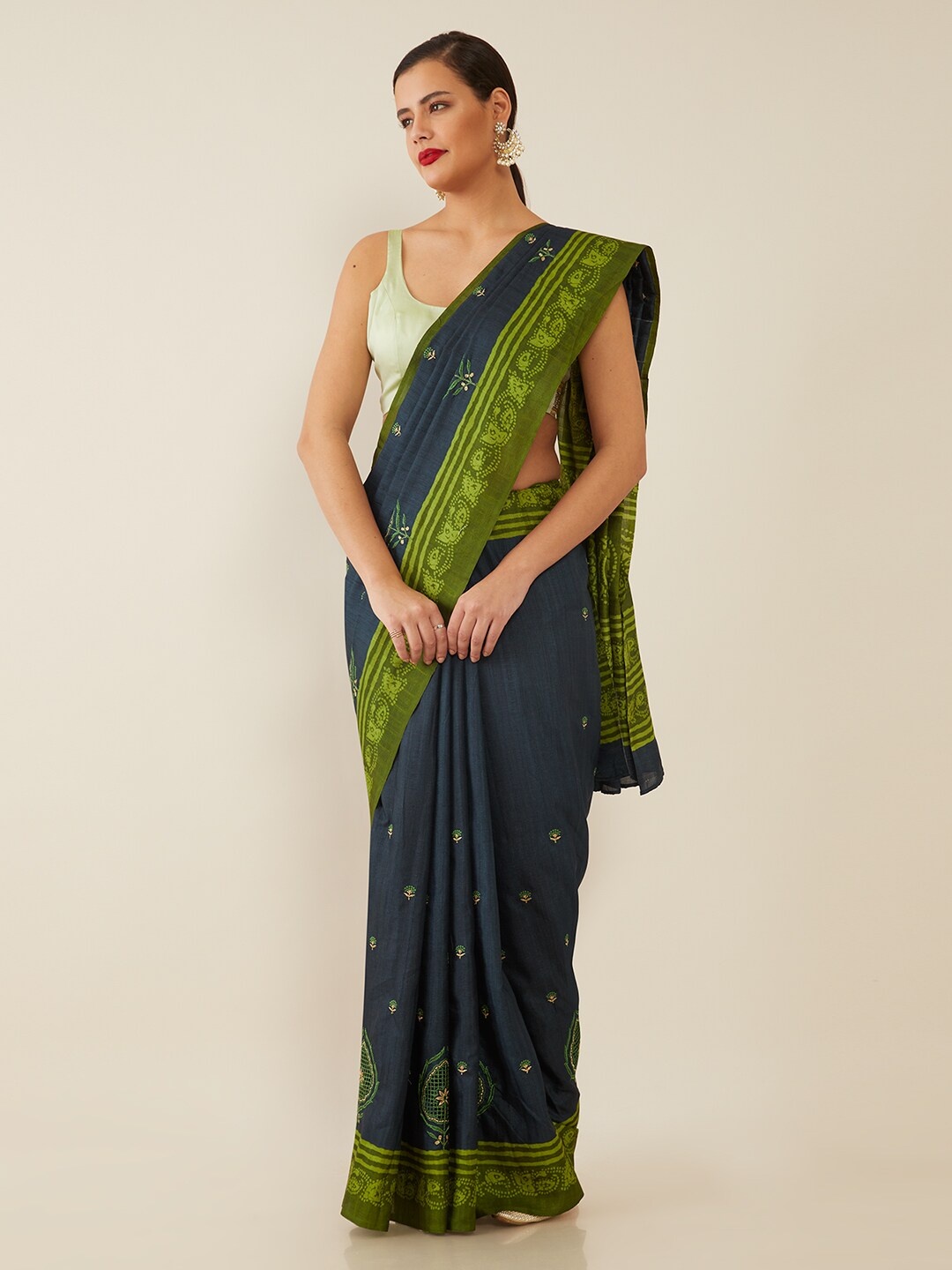 

Soch Navy Blue & Green Ethnic Motifs Embroidered Saree