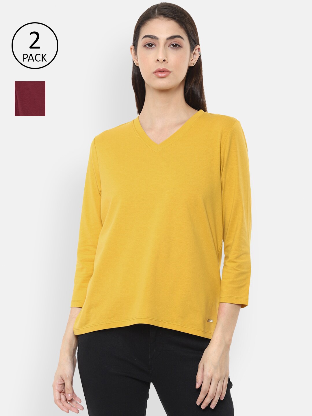 

Van Heusen Woman Women Pack of 2 Yellow & Maroon V-Neck T-shirts