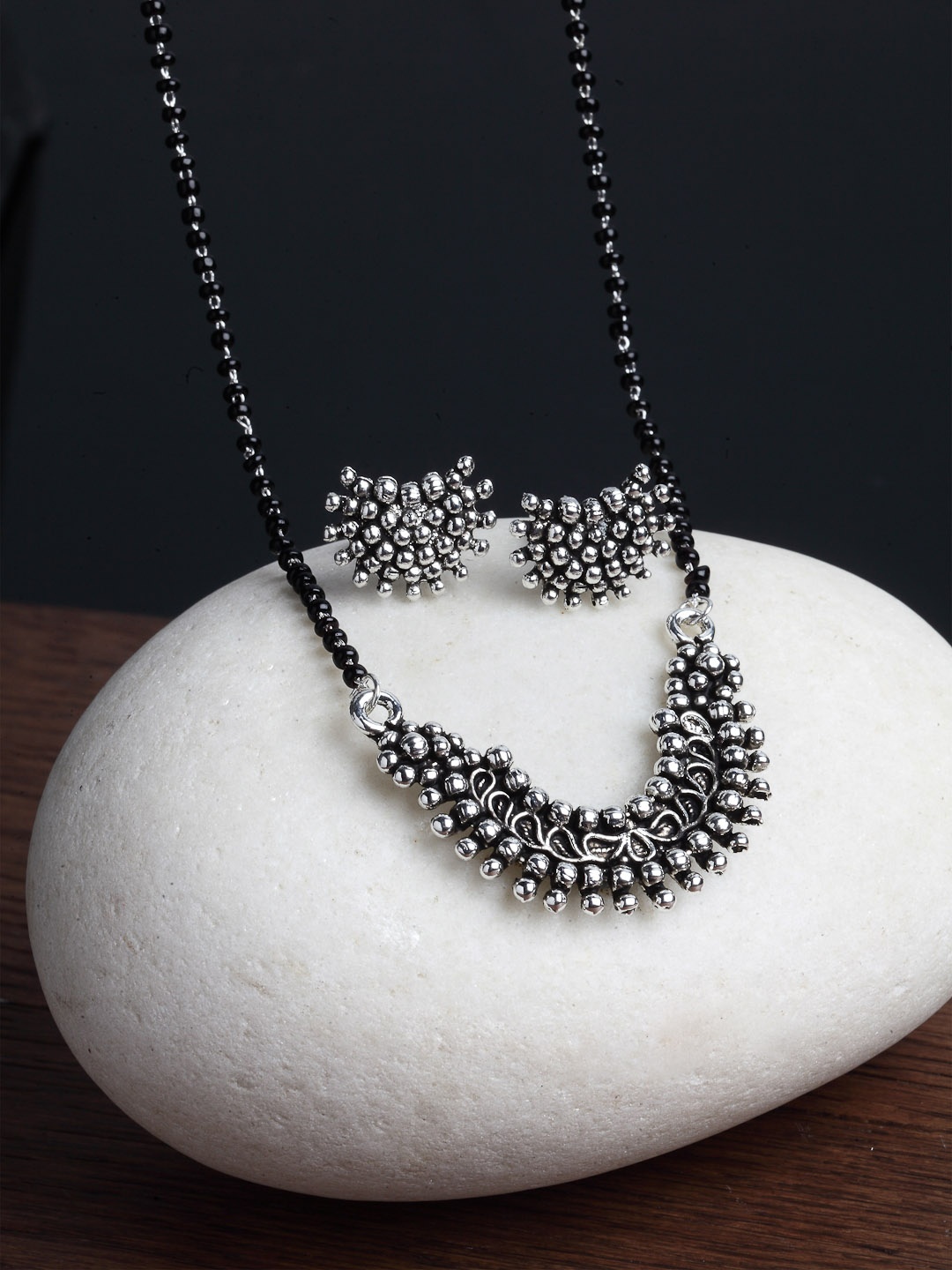 

PANASH Oxidised Silver-Plated Black Beaded Mangalsutra With Earrings