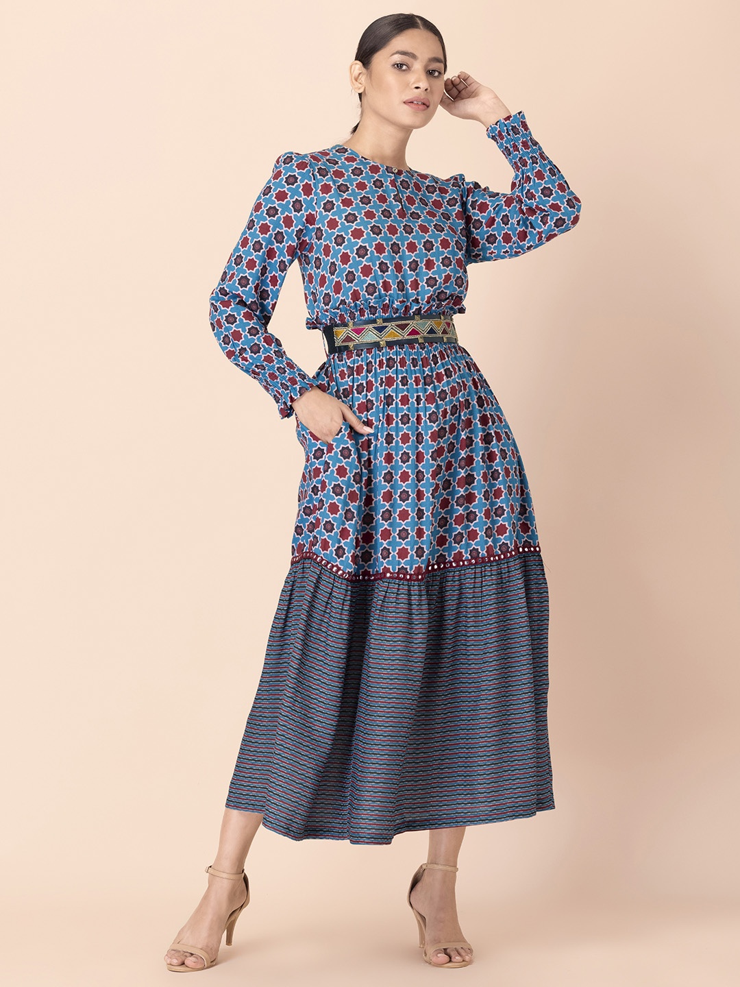 

Earthen BY INDYA Blue & Maroon Ajrakh Printed Belted Ethnic Maxi Dress