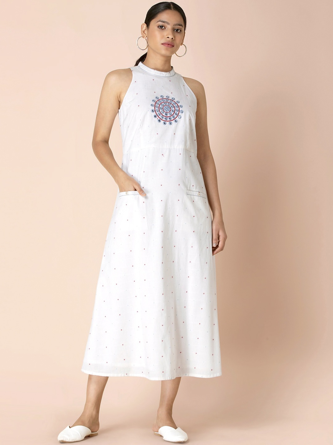 

Earthen BY INDYA White & Blue Embroidered Pure Cotton Ethnic Midi A-Line Dress