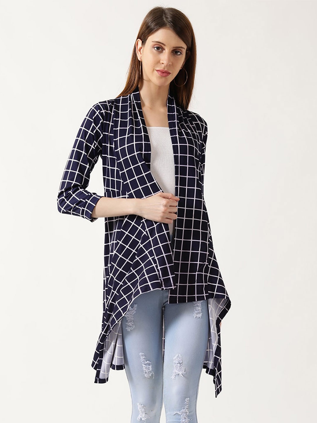 

V2 Value & Variety Women Navy Blue & White Checked Shrug