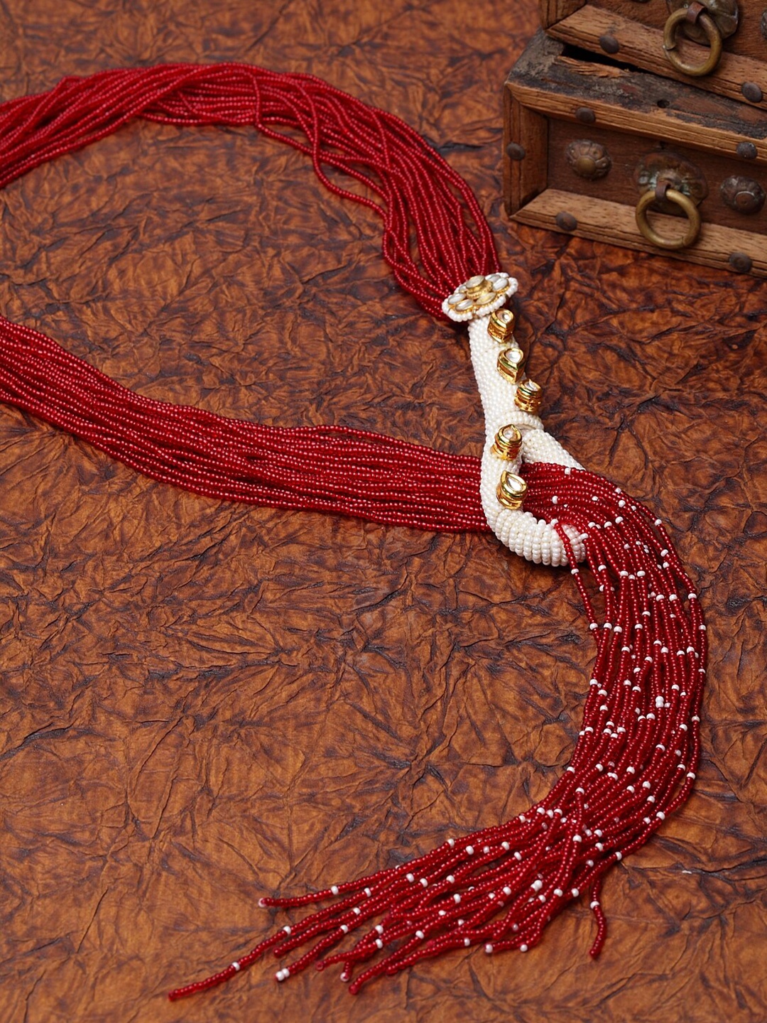 

DUGRISTYLE Gold-Toned & Red Pearls Beaded Sterling Silver Gold-Plated Handcrafted Necklace