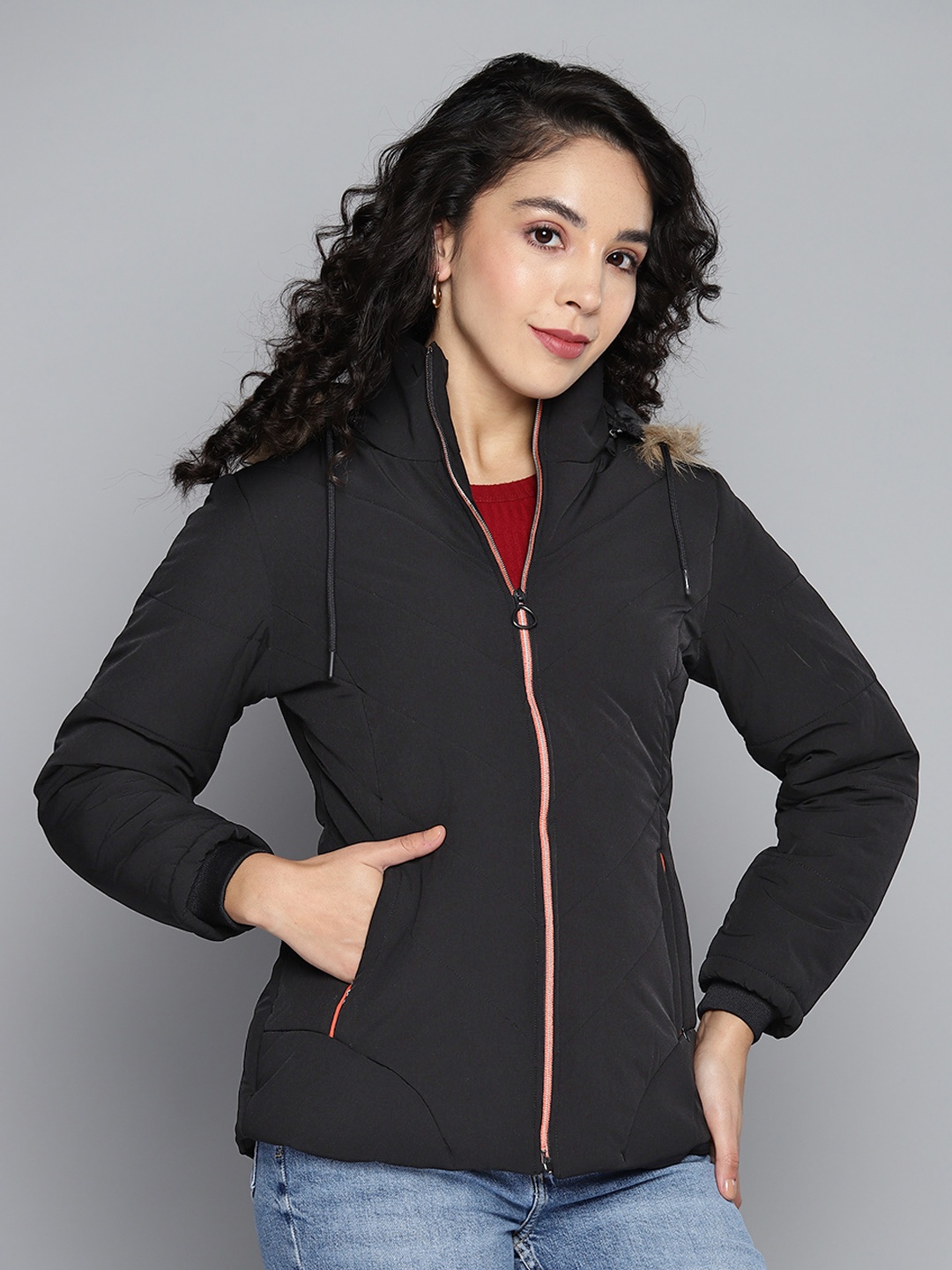

Foreign Culture By Fort Collins Women Black Solid Parka Jacket with Detachable Hood