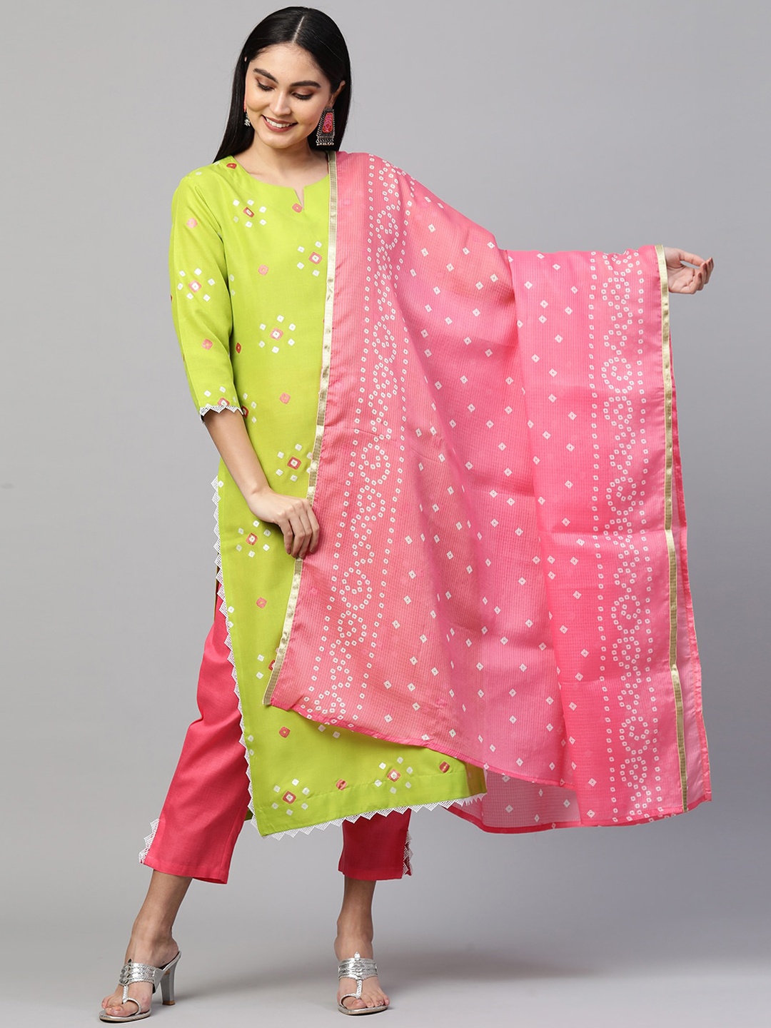 

KALINI Women Green Bandhani Printed Layered Pure Cotton Kurta with Trousers & Dupatta