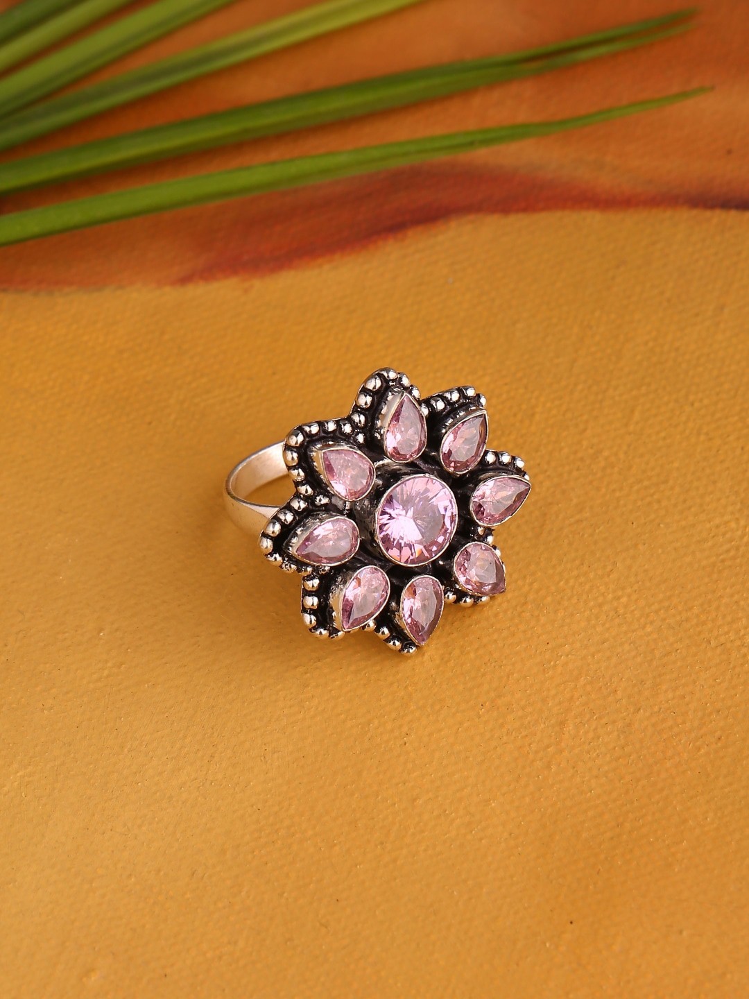 

Infuzze Oxidised Silver-Plated Pink Stone-Studded Finger Ring