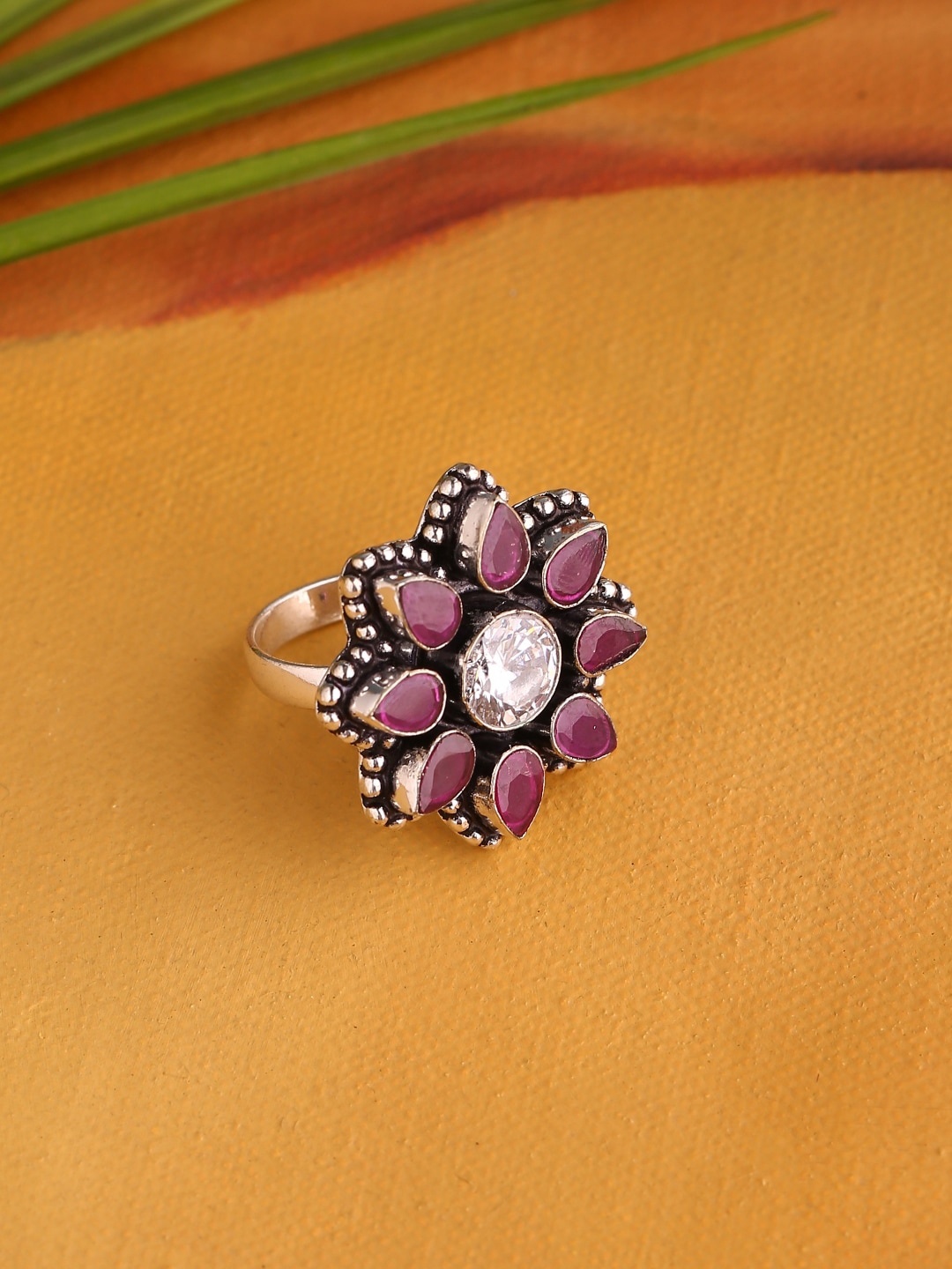 

Infuzze Woman Oxidised Silver-Plated Violet Stone-Studded Finger Ring