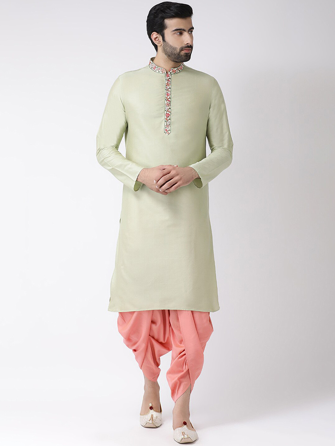 

KISAH Men Solid Regular Fit Thread Work Kurta Dhoti Set, Green