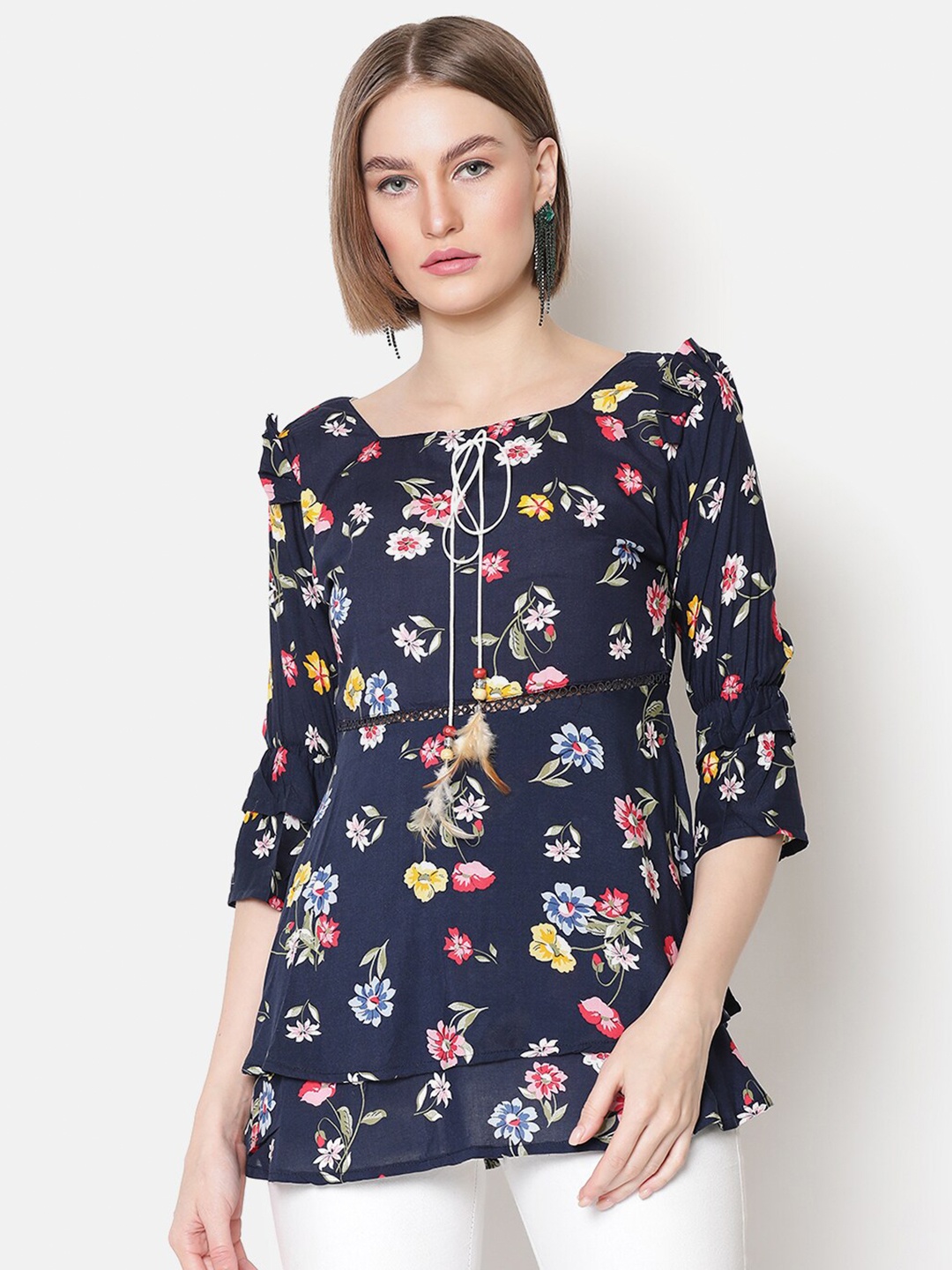

V2 Value & Variety Navy Blue & Pink Floral Blouson Top