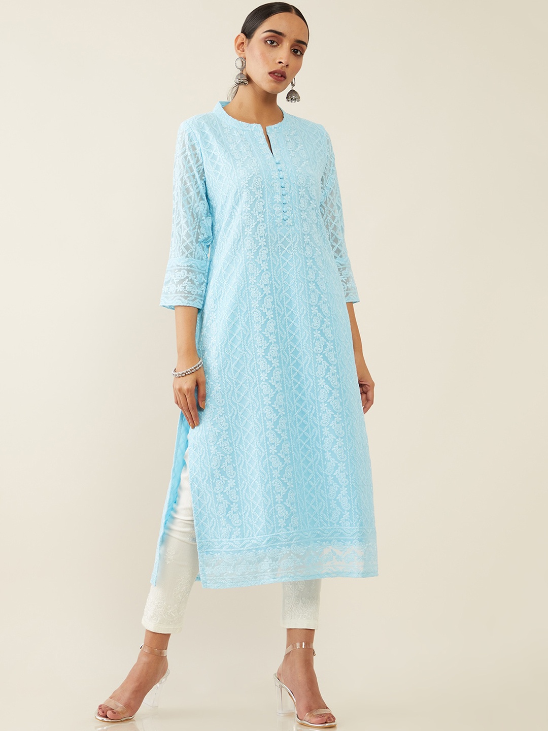 

Soch Women Blue Ethnic Motifs Embroidered Thread Work Georgette Kurta