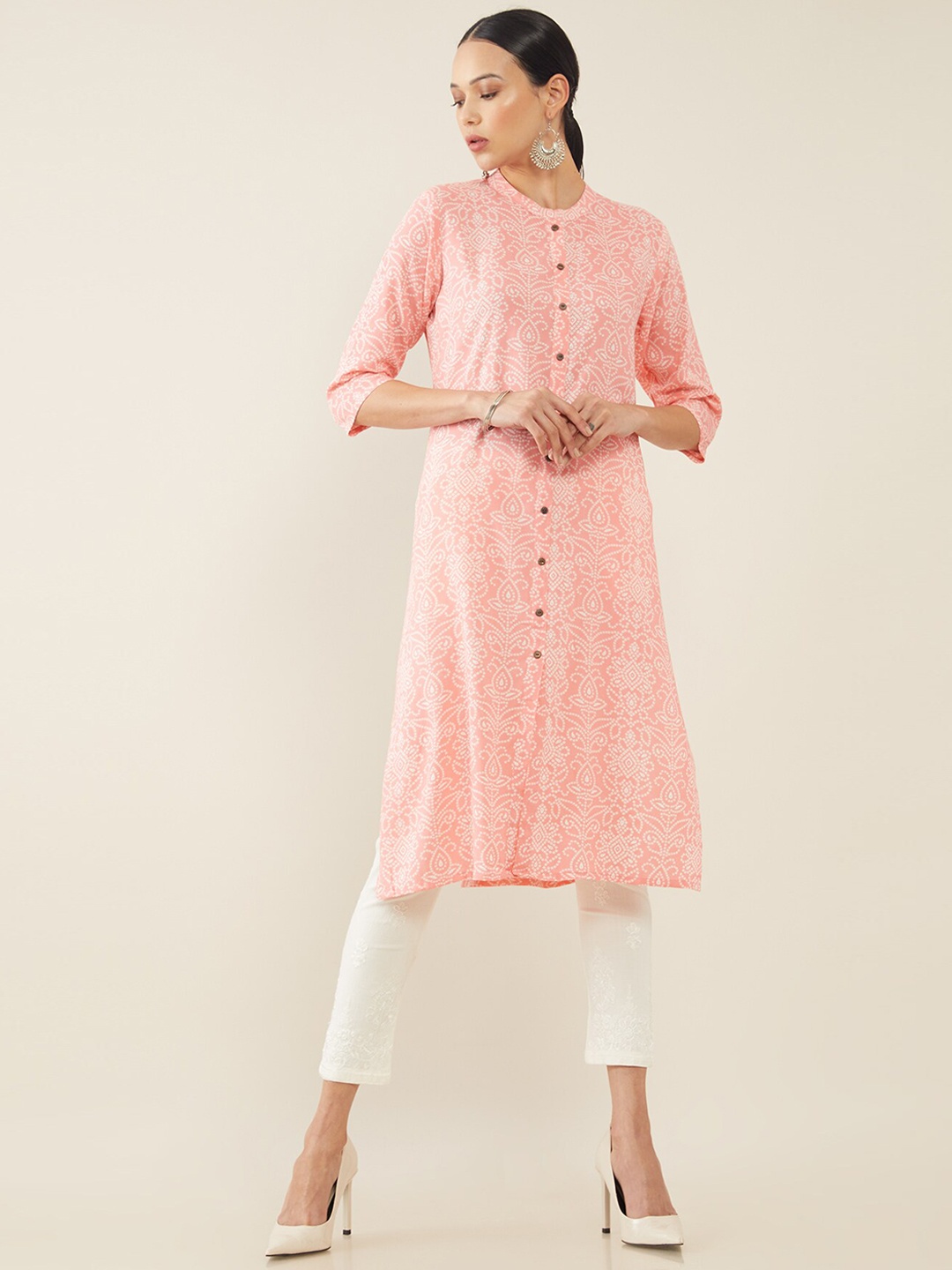 

Soch Women Pink & White Bandhani Printed Kurta