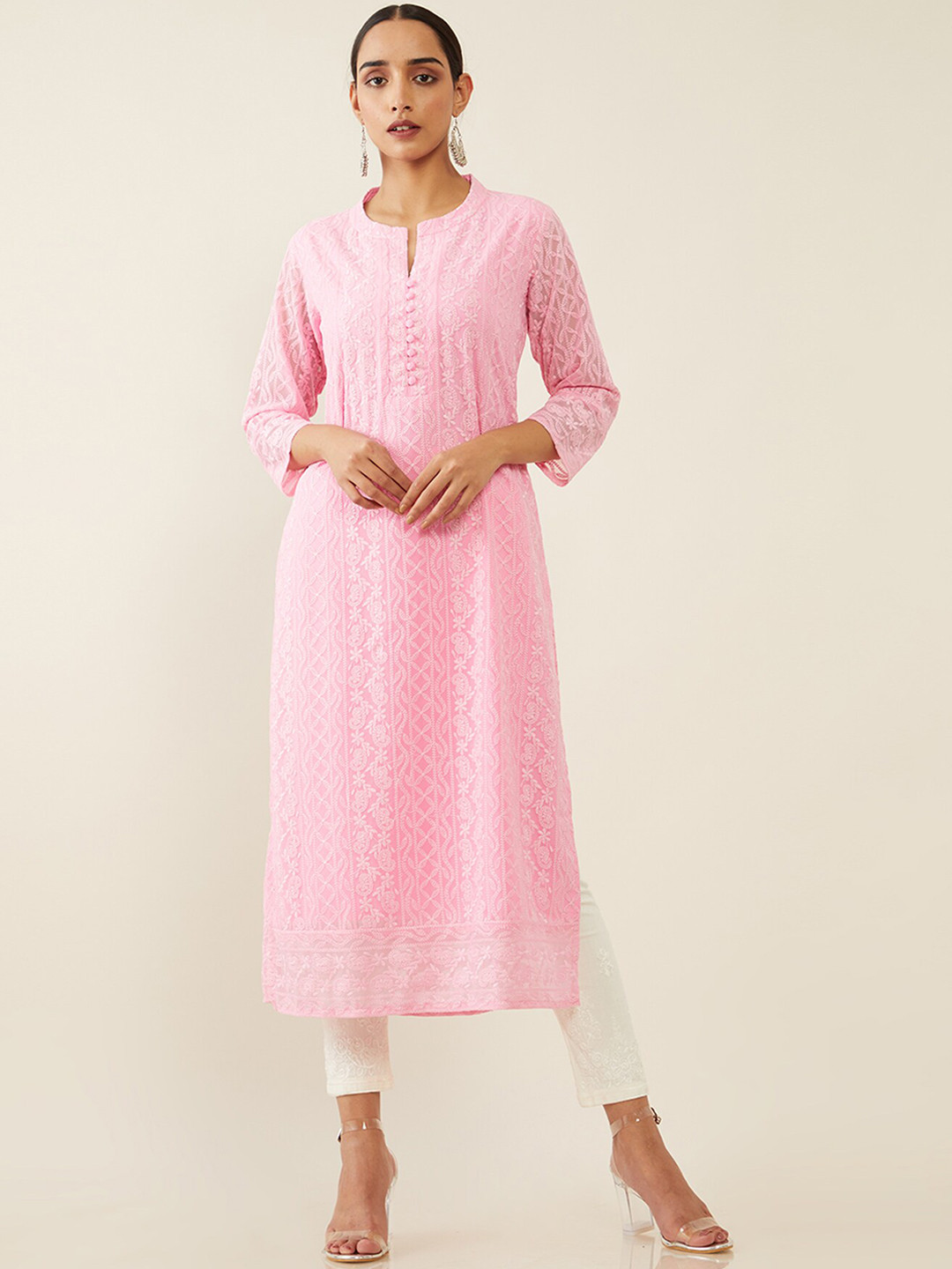 

Soch Women Pink Ethnic Motifs Embroidered Thread Work Georgette Kurta