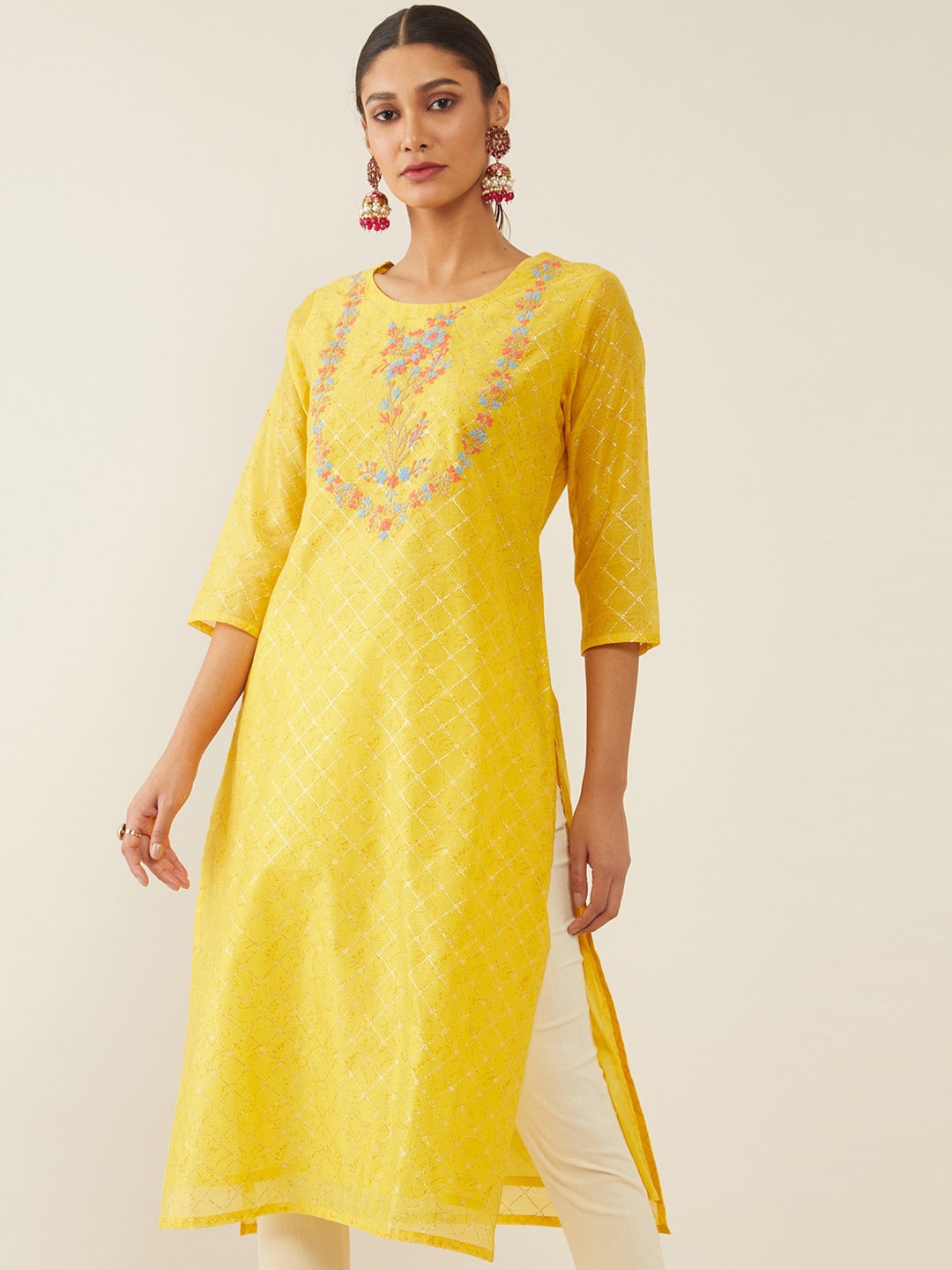 

Soch Women Mustard Yellow Checked Keyhole Neck Thread Work Chanderi Silk Chanderi Silk Kurta