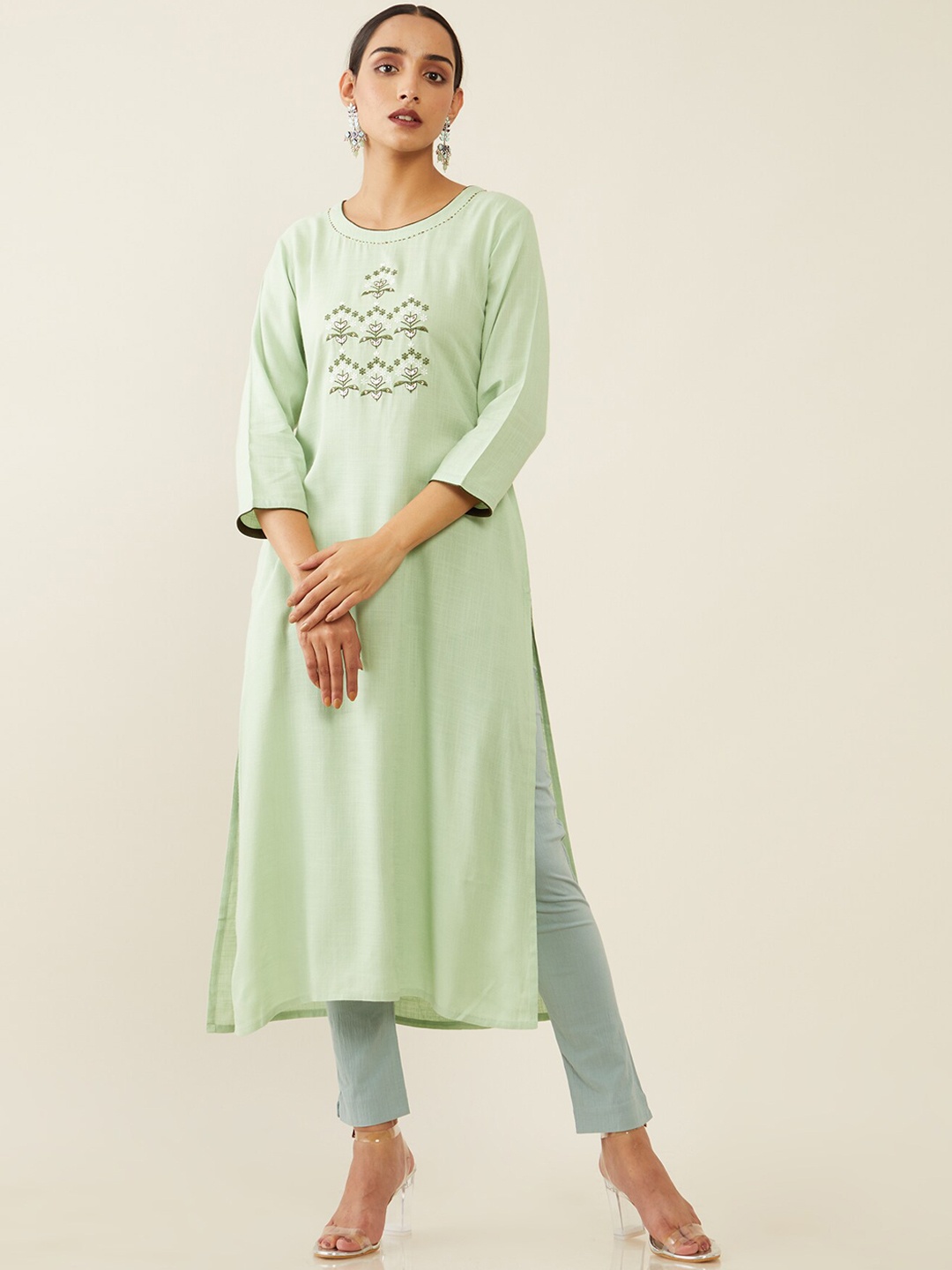 

Soch Women Green Ethnic Motifs Embroidered Thread Work Kurta