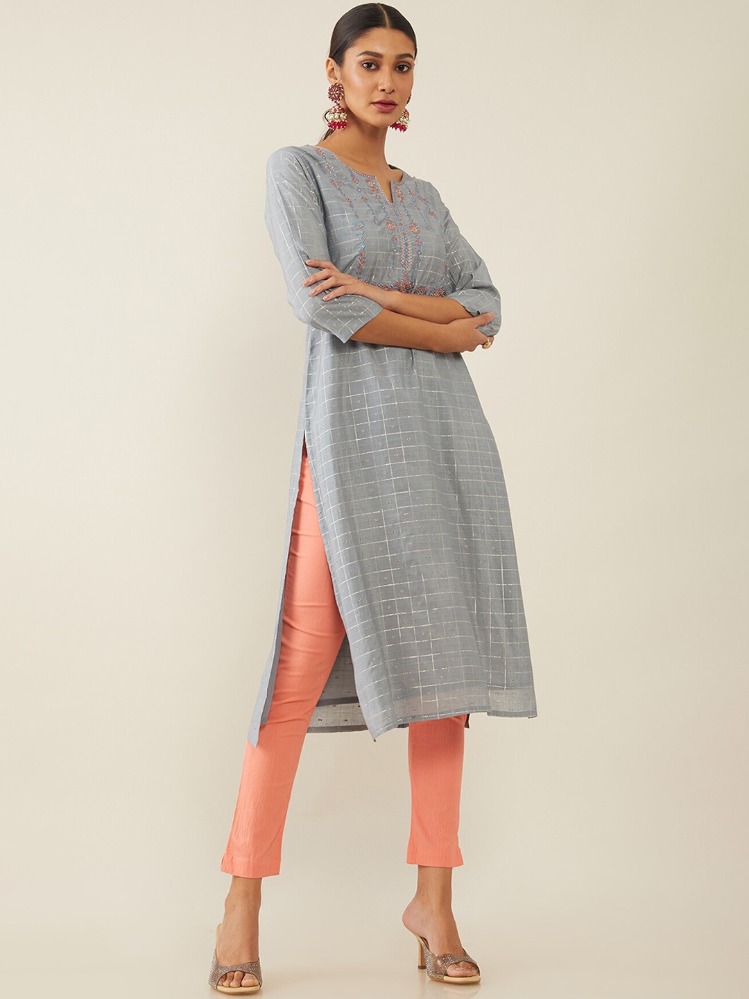 

Soch Women Grey Checked Thread Work Chanderi Silk Chanderi Silk Kurta