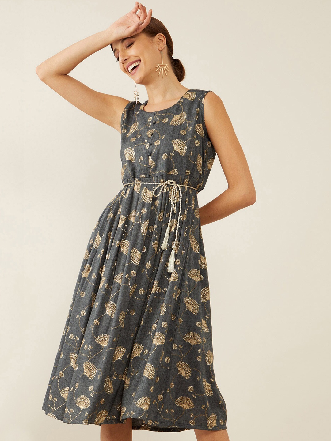 

Soch Charcoal Ethnic Motifs Crepe A-Line Dress