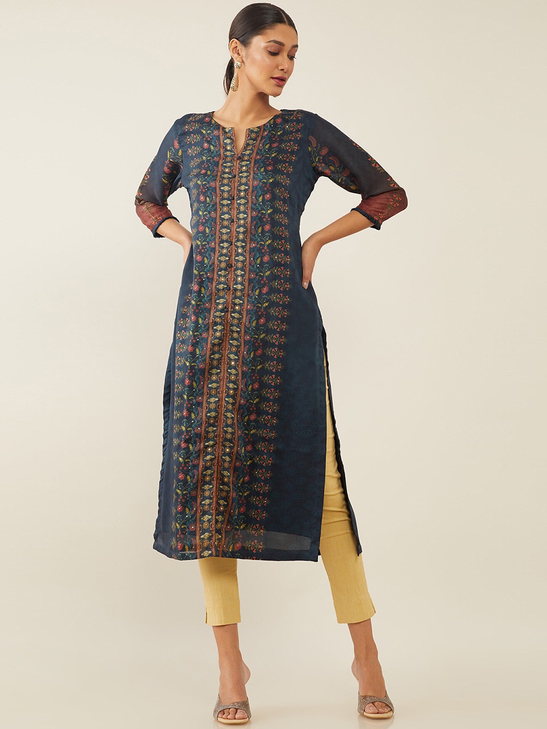 

Soch Women Blue & Red Ethnic Motifs Printed Georgette Kurta
