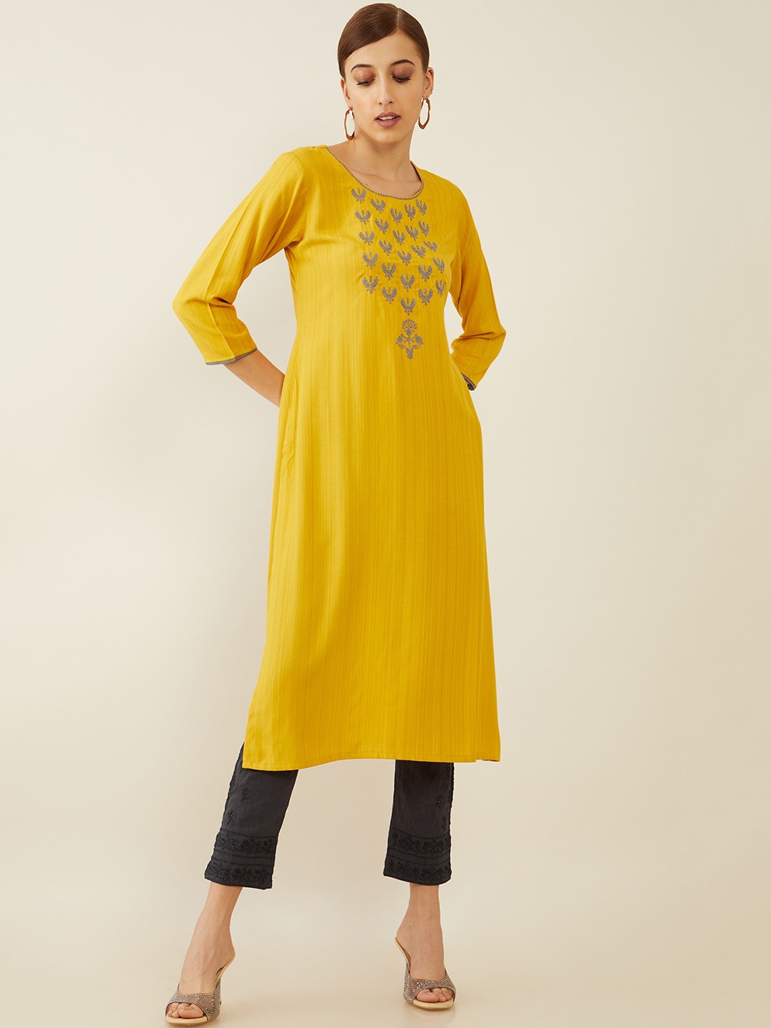 

Soch Women Mustard Yellow Ethnic Motifs Embroidered Thread Work Kurta