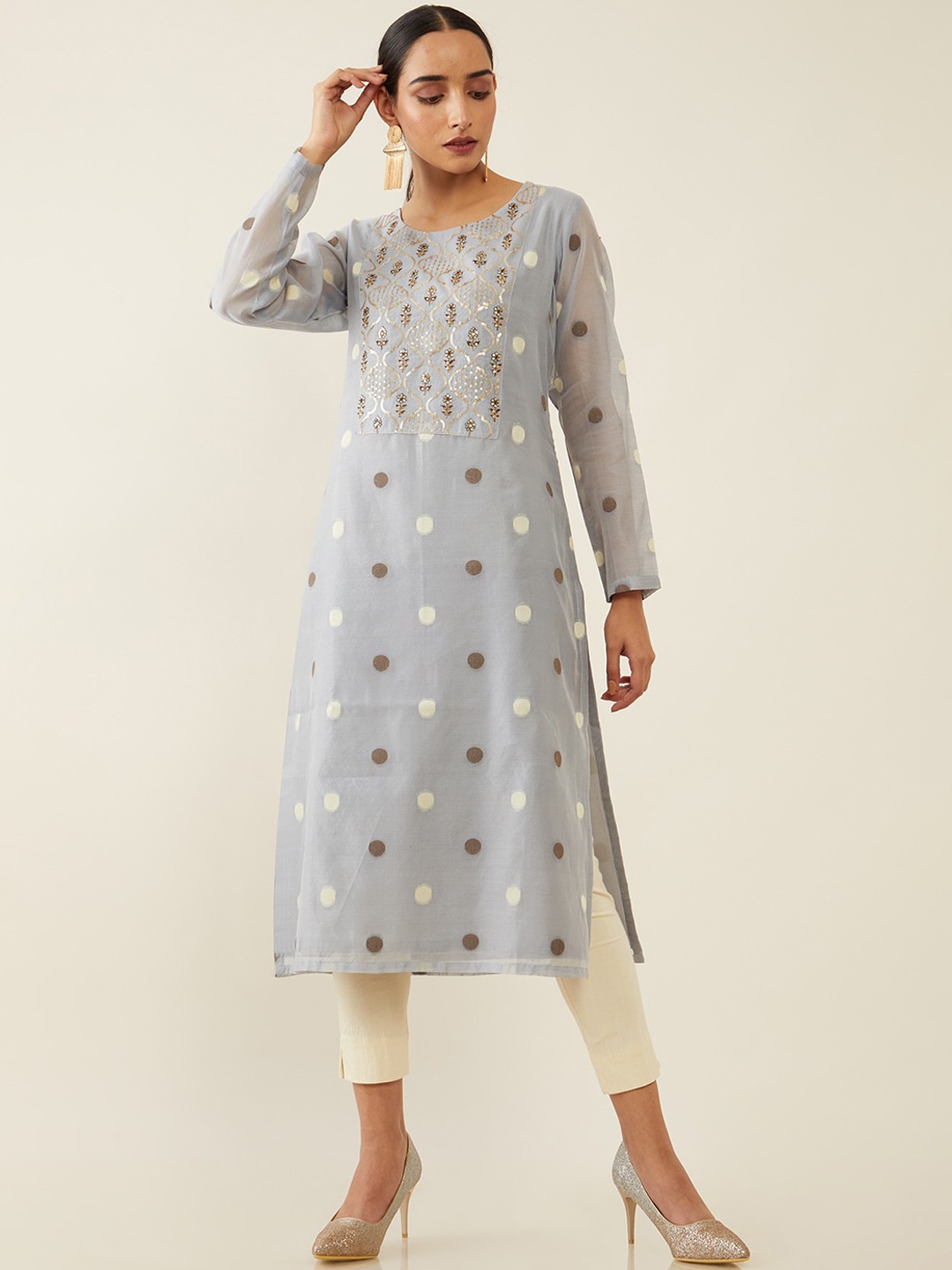 

Soch Women Grey & Brown Printed Chanderi Silk Chanderi Silk Kurta