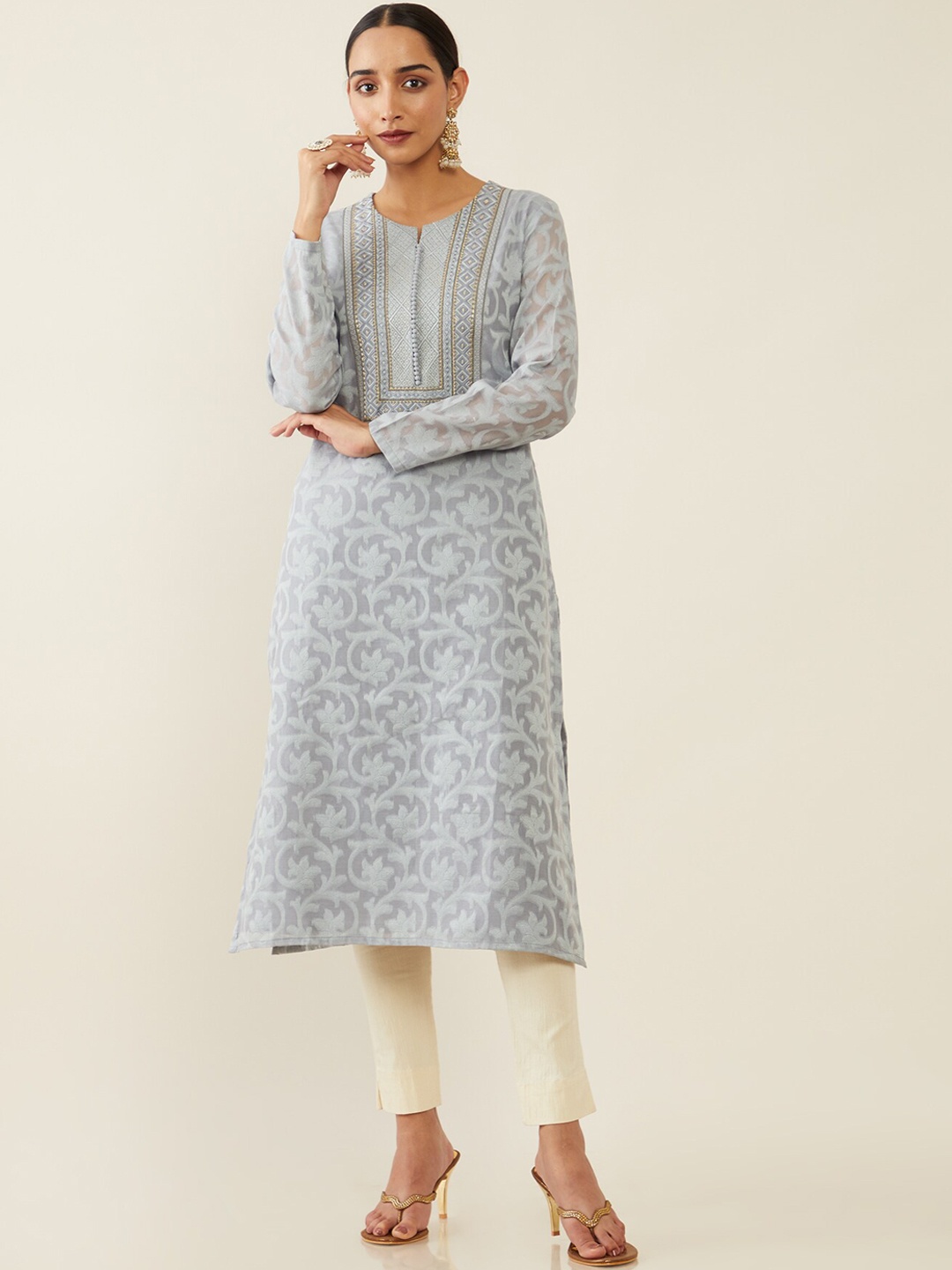 

Soch Women Blue Ethnic Motifs Thread Work Chanderi Silk Chanderi Silk Kurta