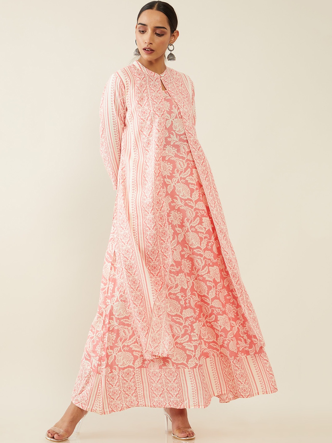 

Soch Women Peach-Coloured & White Ethnic Motifs Printed Kurta