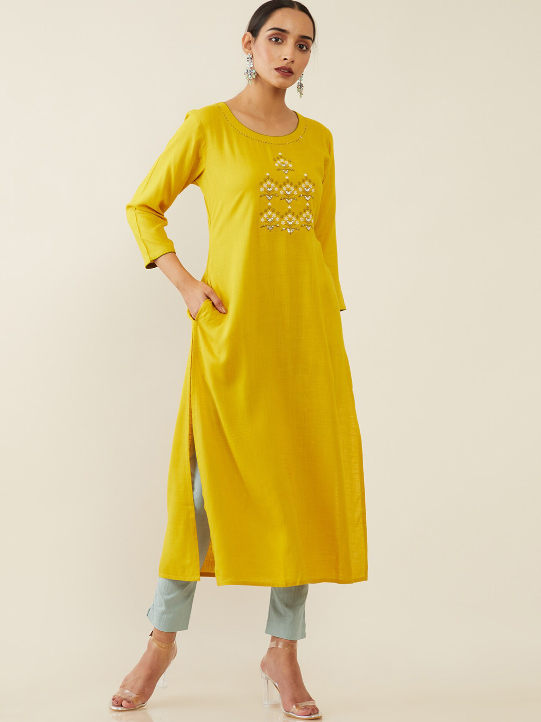 

Soch Women Mustard Yellow Ethnic Motifs Yoke Design Thread Work Kurta